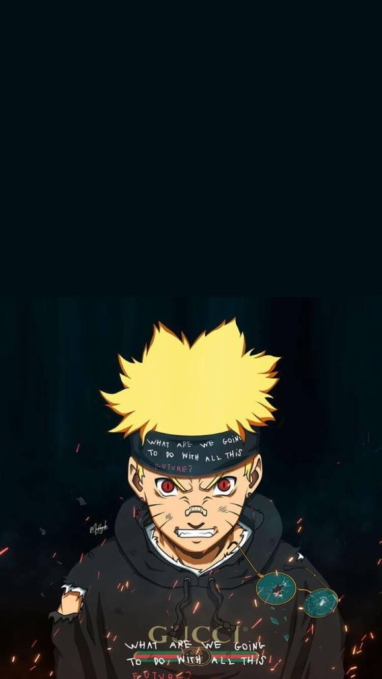 Naruto Drip身穿Gucci襯衫 壁紙 — 一個堅定的動漫男孩，有著尖刺金髮和紅色眼睛，穿著黑色連帽衫和頭帶，背景是黑暗的，有發光的餘燼。