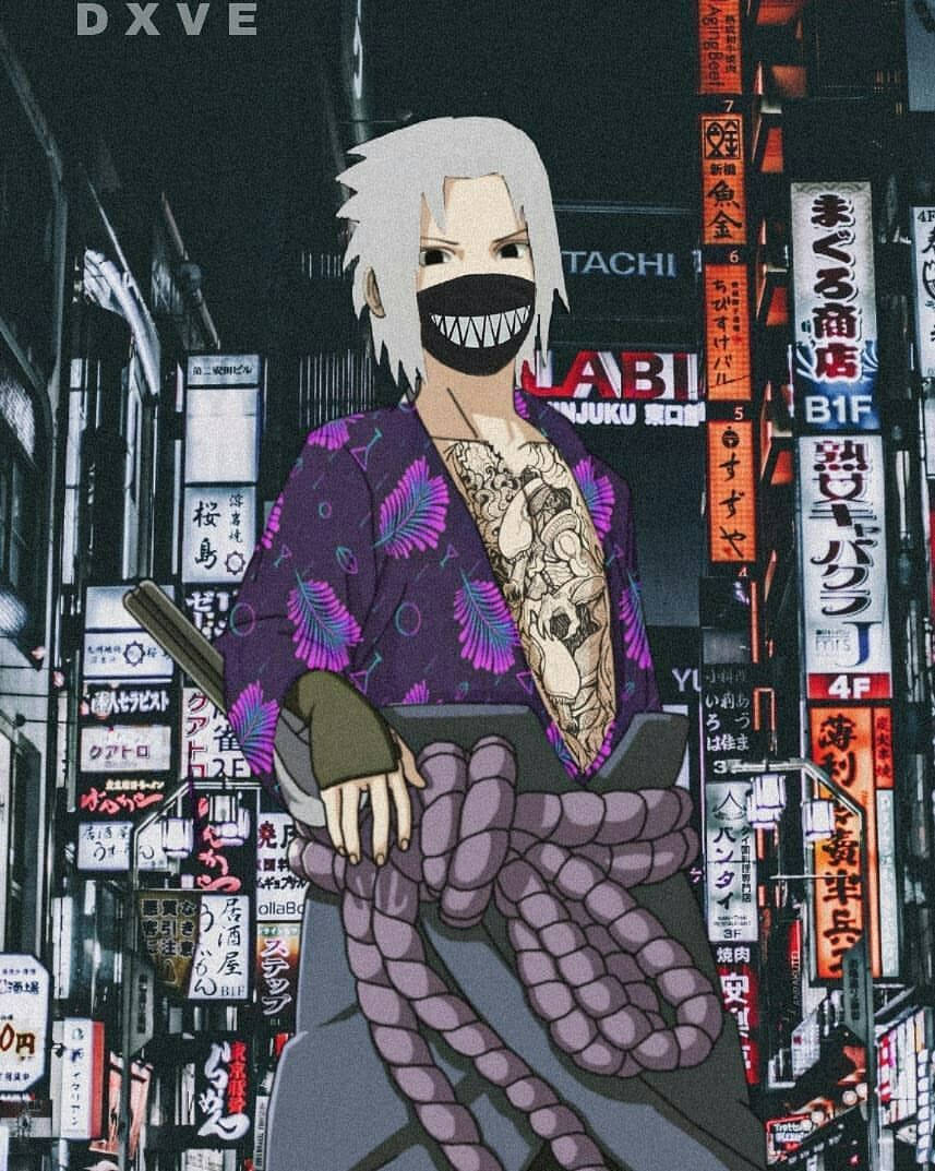 Naruto Drip身穿和服 壁紙 — 一個戴著面具、白髮紫袍的動漫角色，夜晚站在霓虹燈閃爍的東京小巷中。