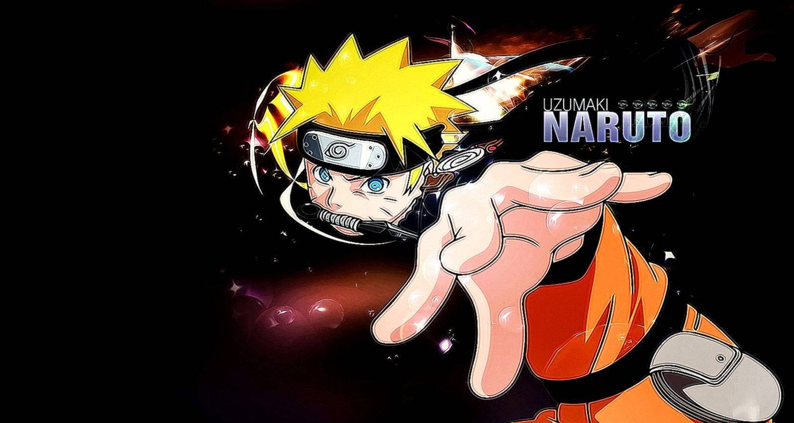 Naruto Drip身穿橙色服裝 壁紙 — 動漫角色漩渦鳴人穿著橙色連身衣，在黑暗宇宙背景中伸出雙手，周圍有發光粒子。