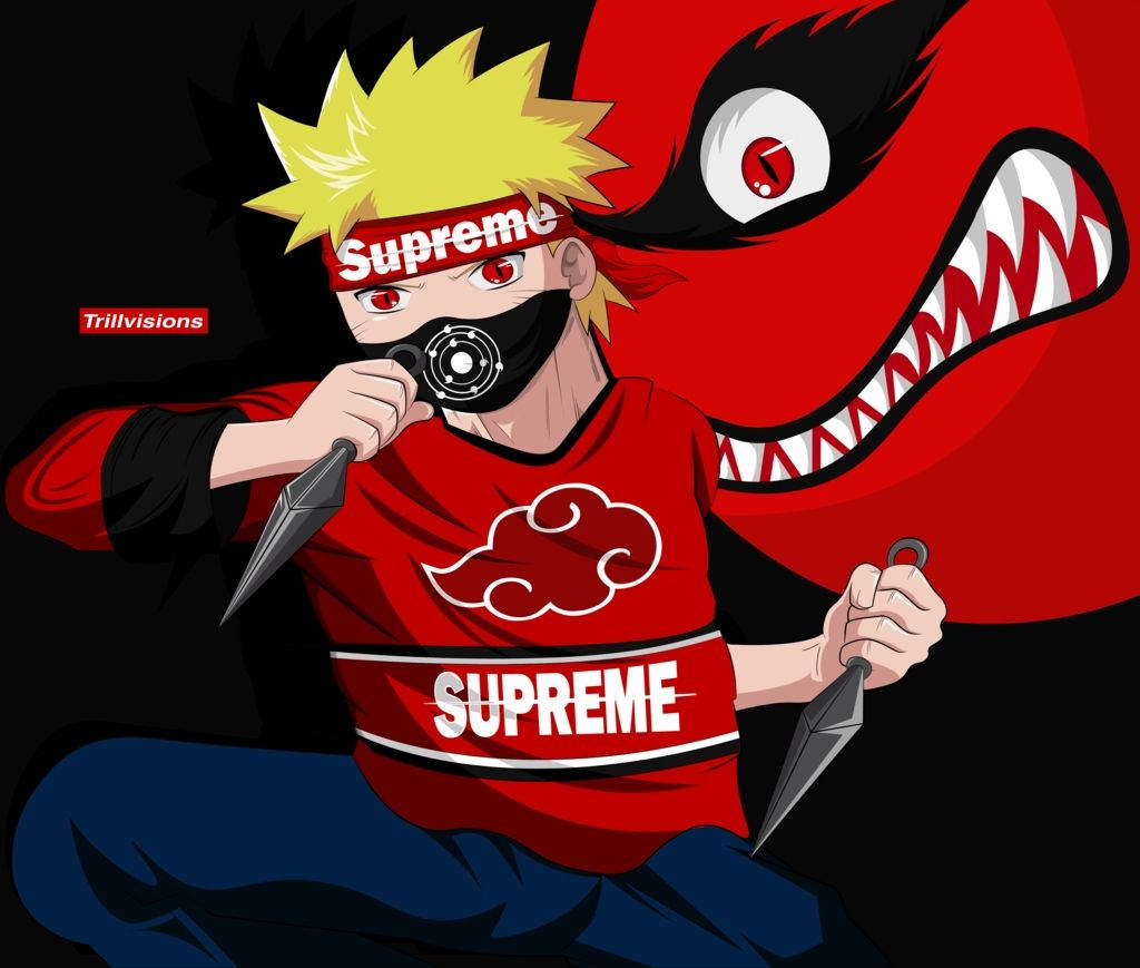 Naruto Drip身穿紅色Supreme服裝 壁紙 — 動漫角色鳴人穿著紅色Supreme襯衫，手持苦無刀，身後有紅色惡魔，背景為黑色。