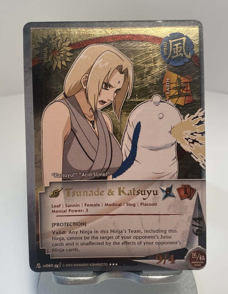 Katsuyu 桌布 壁紙 — 一張包含綱手和勝愈、風與土符號及遊戲統計數據的火影忍者交易卡。