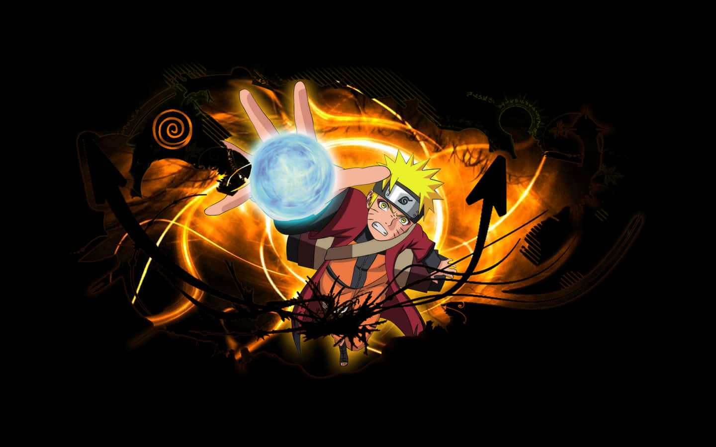 立即擁有 Naruto 主題 MacBook Pro 壁紙 — 動漫角色鳴人在黑暗背景下釋放被熾熱橙色能量包圍的發光藍色螺旋丸。