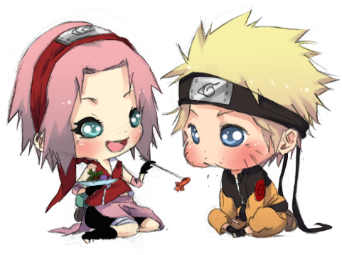 可愛版 Naruto 與 Sakura 的友誼 壁紙 — 兩個有藍色大眼睛和頭帶的Q版動漫角色，在黑色背景上相對而坐。