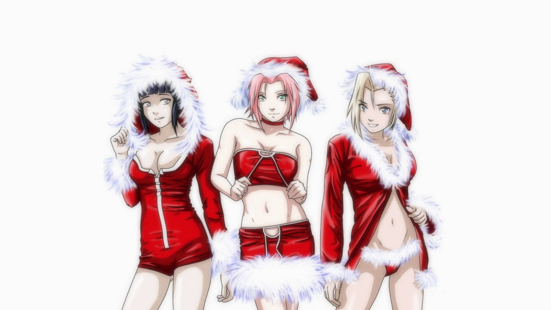 三個動漫角色穿著紅色聖誕老人服裝，帶白色毛邊。