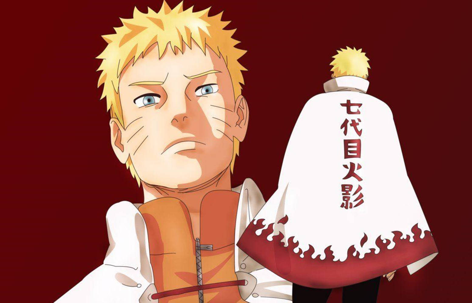 Naruto Uzumaki in his Hokage robe with the title written on the back.