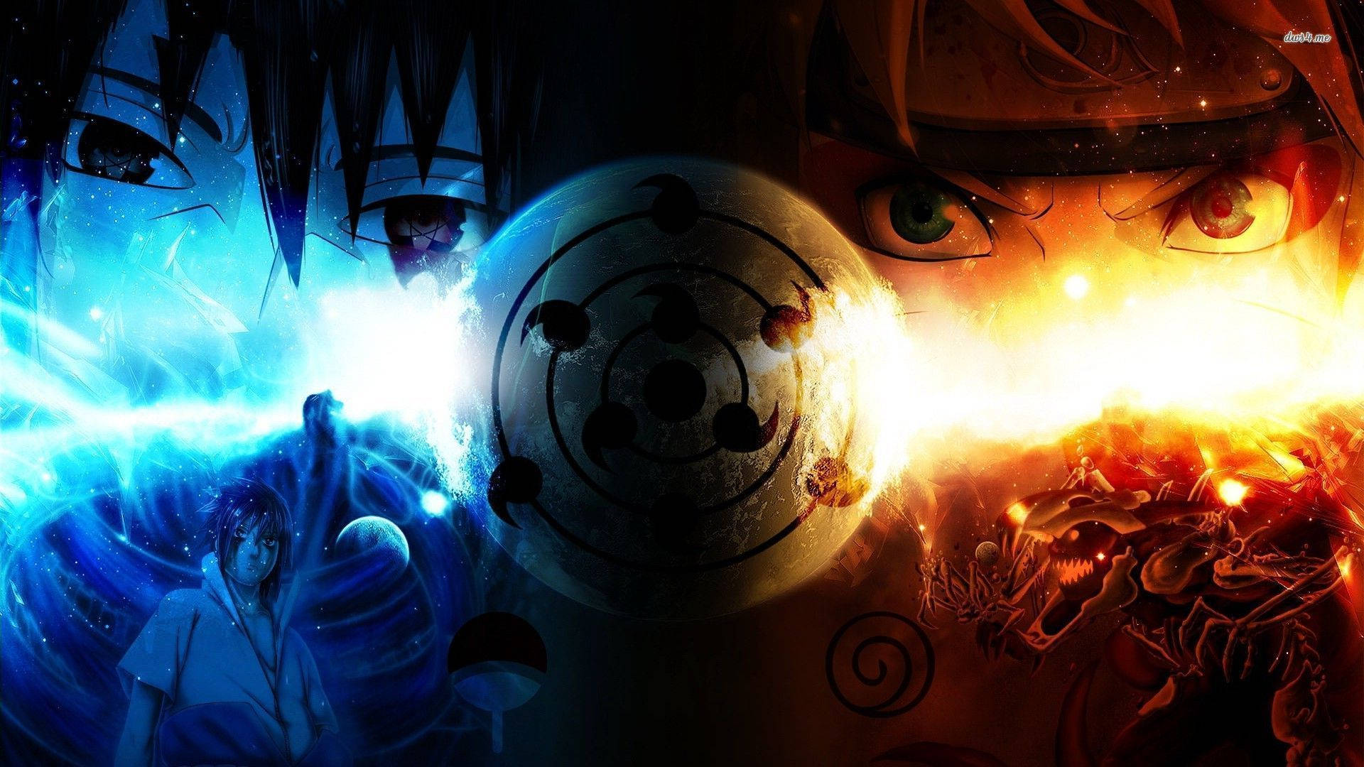 Naruto與Sasuke激烈對決，宿敵之戰 壁紙 — 動畫角色在寫輪眼符號周圍以藍色和橙色查克拉能量碰撞。