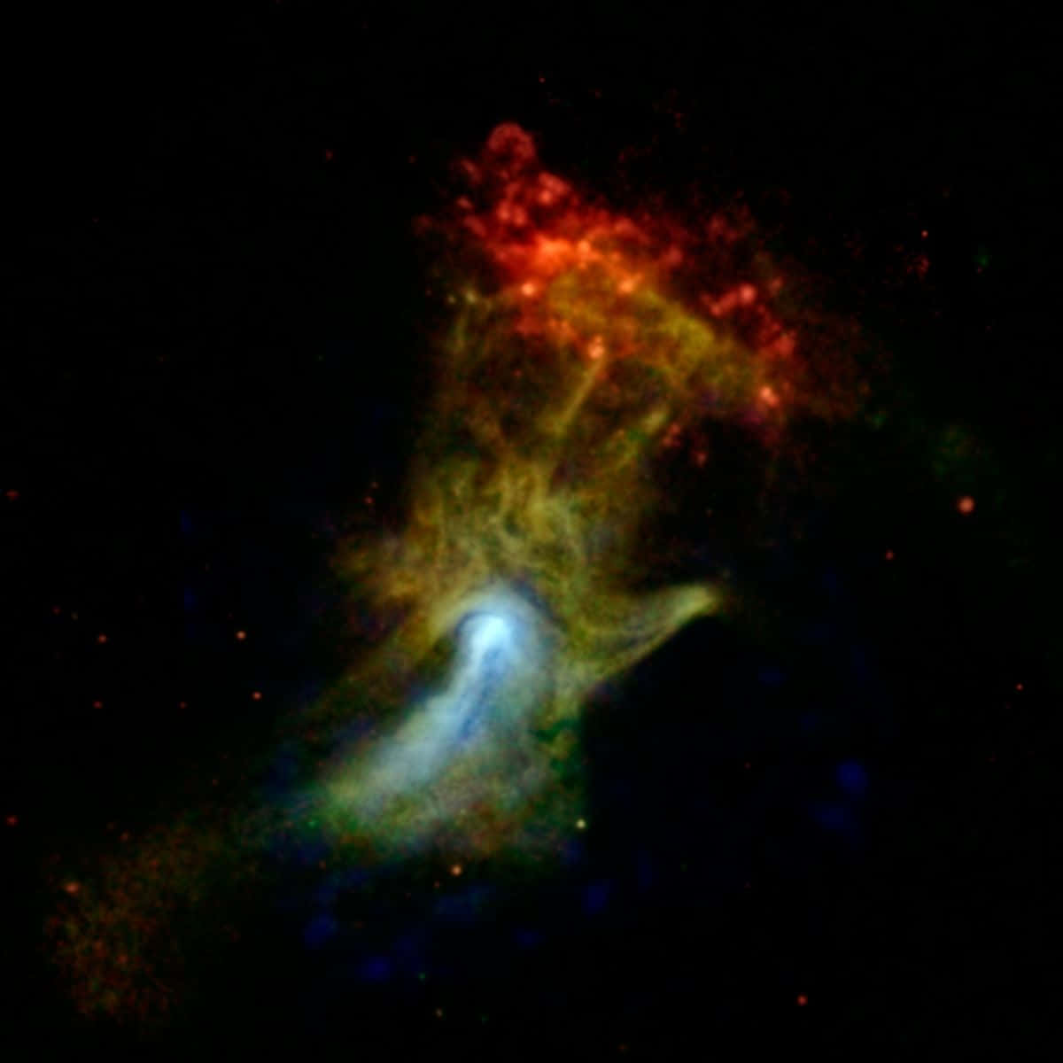 NASA「上帝之手」星雲天文 壁紙 — 一個充滿活力的宇宙星雲，火紅橙色和冷藍綠色氣體在佈滿星辰的黑色虛空中旋轉。