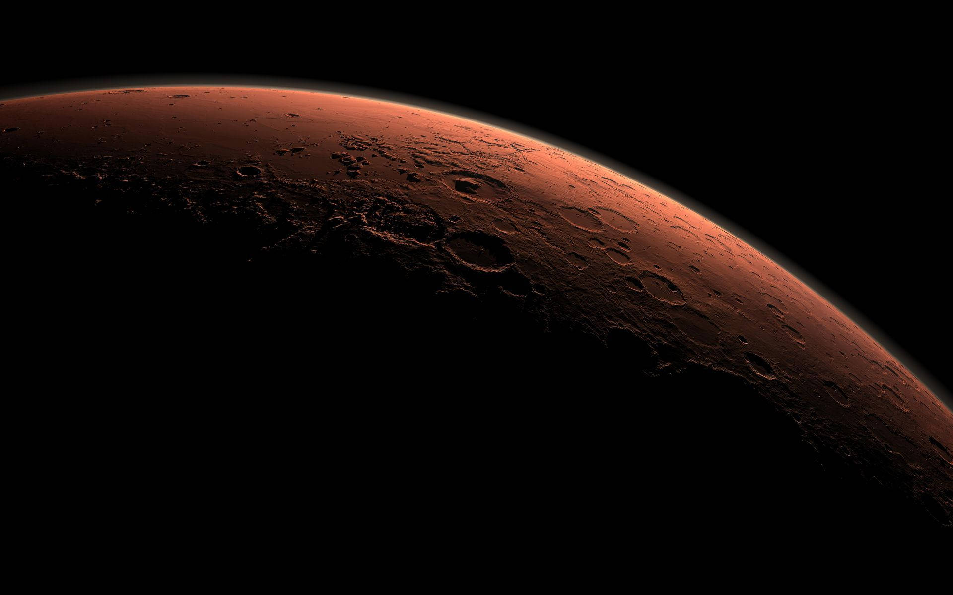 NASA蓋爾撞擊坑 壁紙 — 火星鏽色表面在太空黑暗中發光的壯麗景色，可見隕石坑和地形細節。