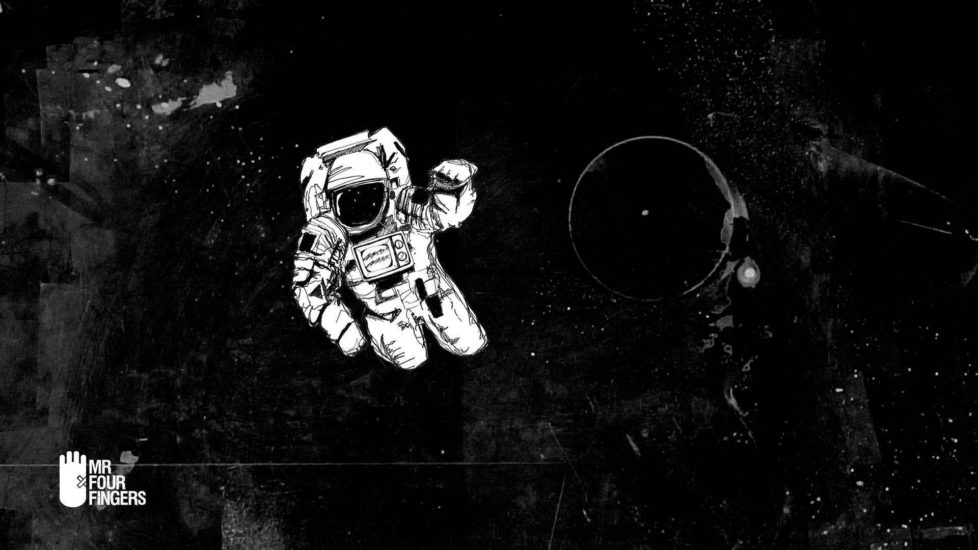 驚艷 NASA 太空人圖像 壁紙 — 一名孤獨的太空人在粗糙的黑色背景、圓形行星和散落的星星襯托下漂浮在太空中。