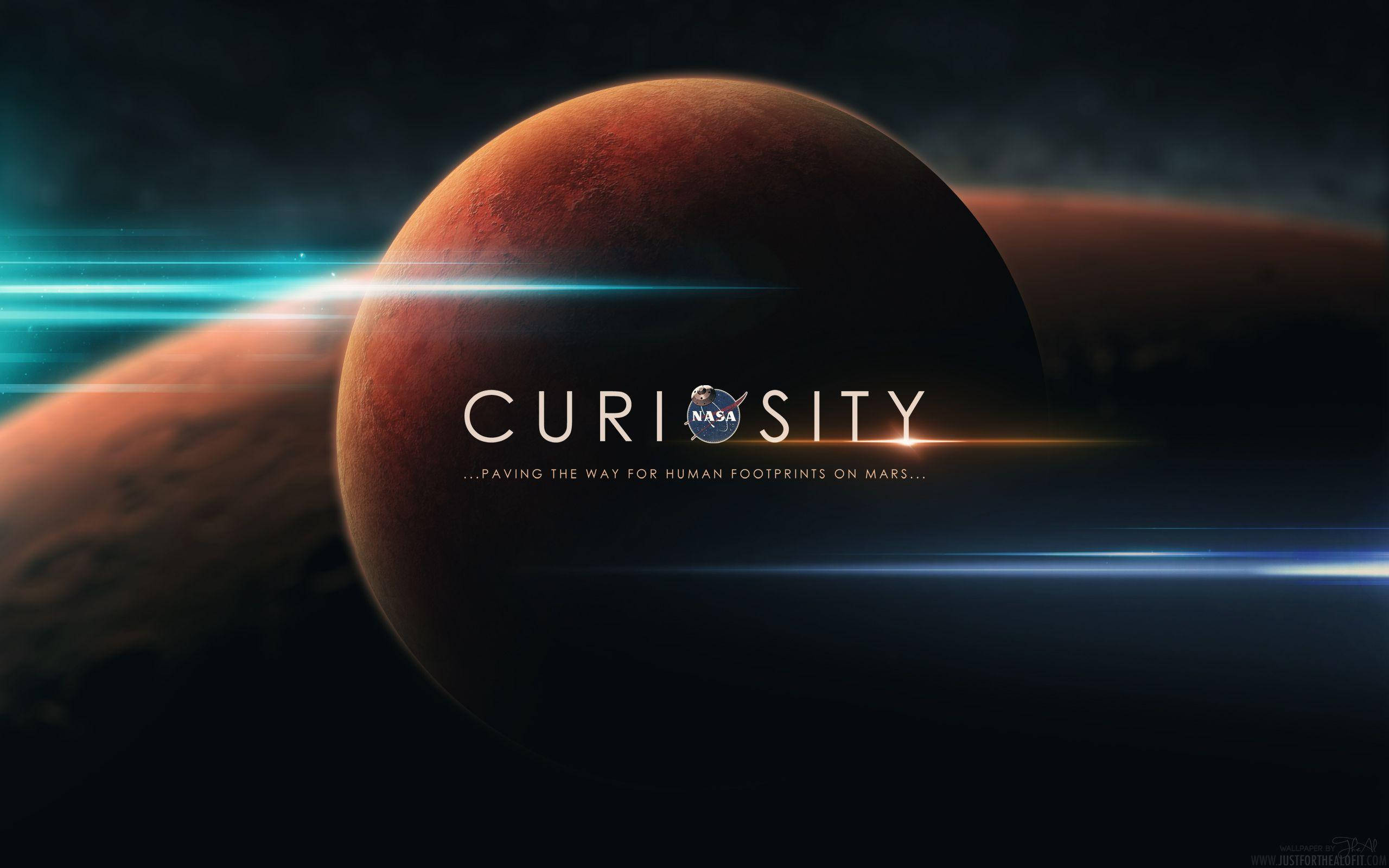 NASA 風格壯麗火星 壁紙 — 一個戲劇性的太空場景，以火星為特色，帶有發光的藍色光條和居中的好奇號火星車標誌。