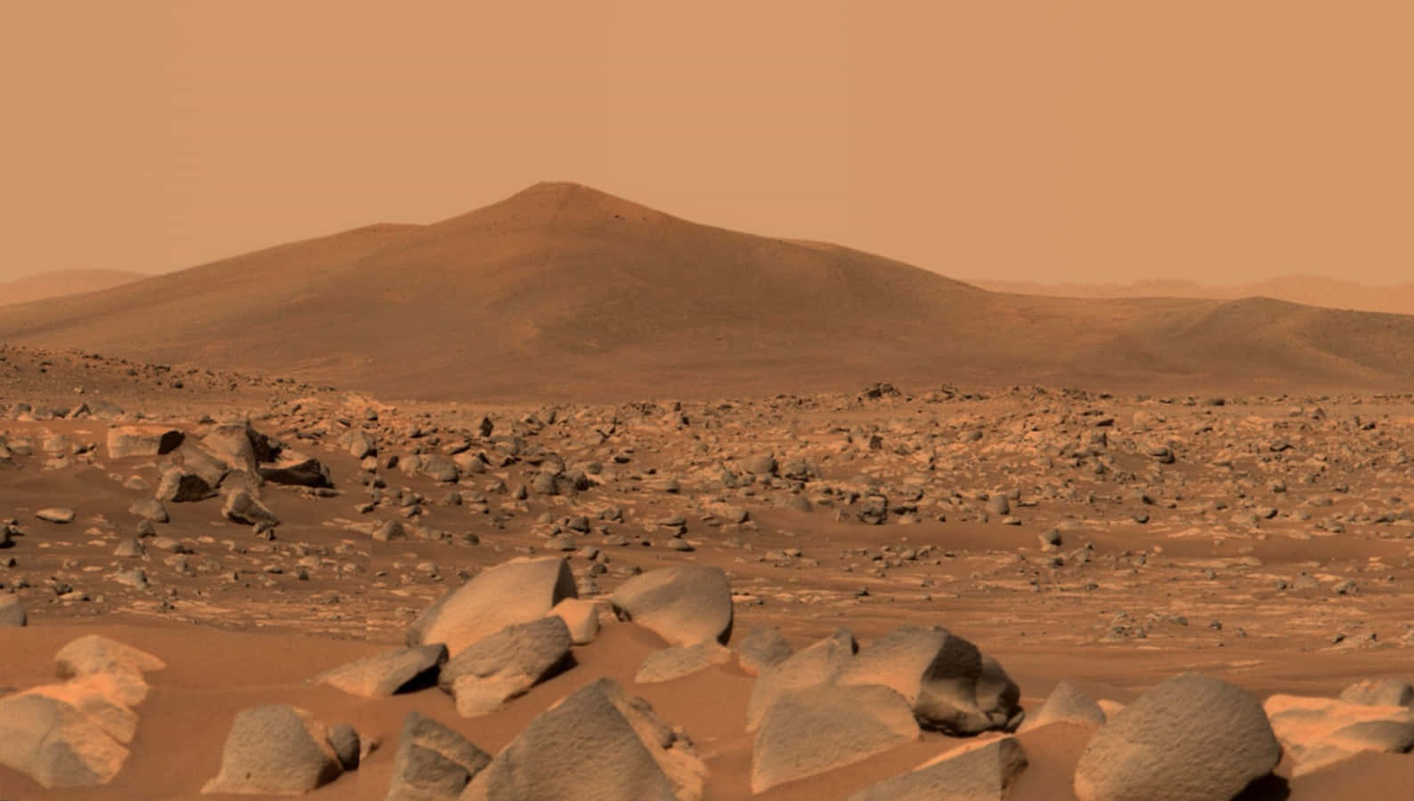 NASA「好奇號」火星車拍攝的荒蕪紅色地表 壁紙 — 一片荒涼的火星景觀，散落著岩石和遠處起伏的丘陵，籠罩在朦朧的橙色天空下。