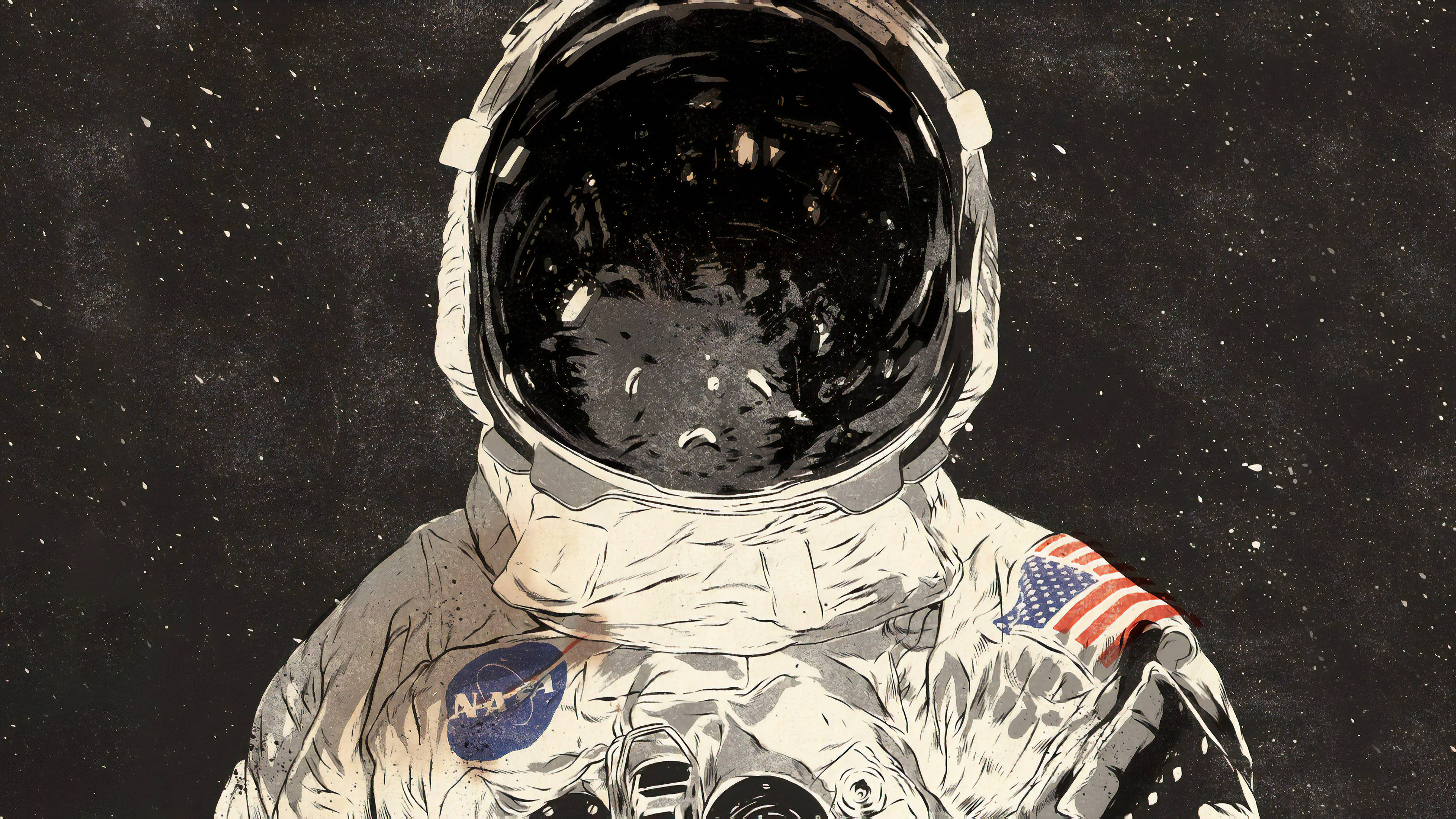 NASA 宇航員太空藝術 壁紙 — 一個孤獨的太空人穿著詳細的太空衣，戴著反光頭盔，在星光燦爛的宇宙背景下漂浮。