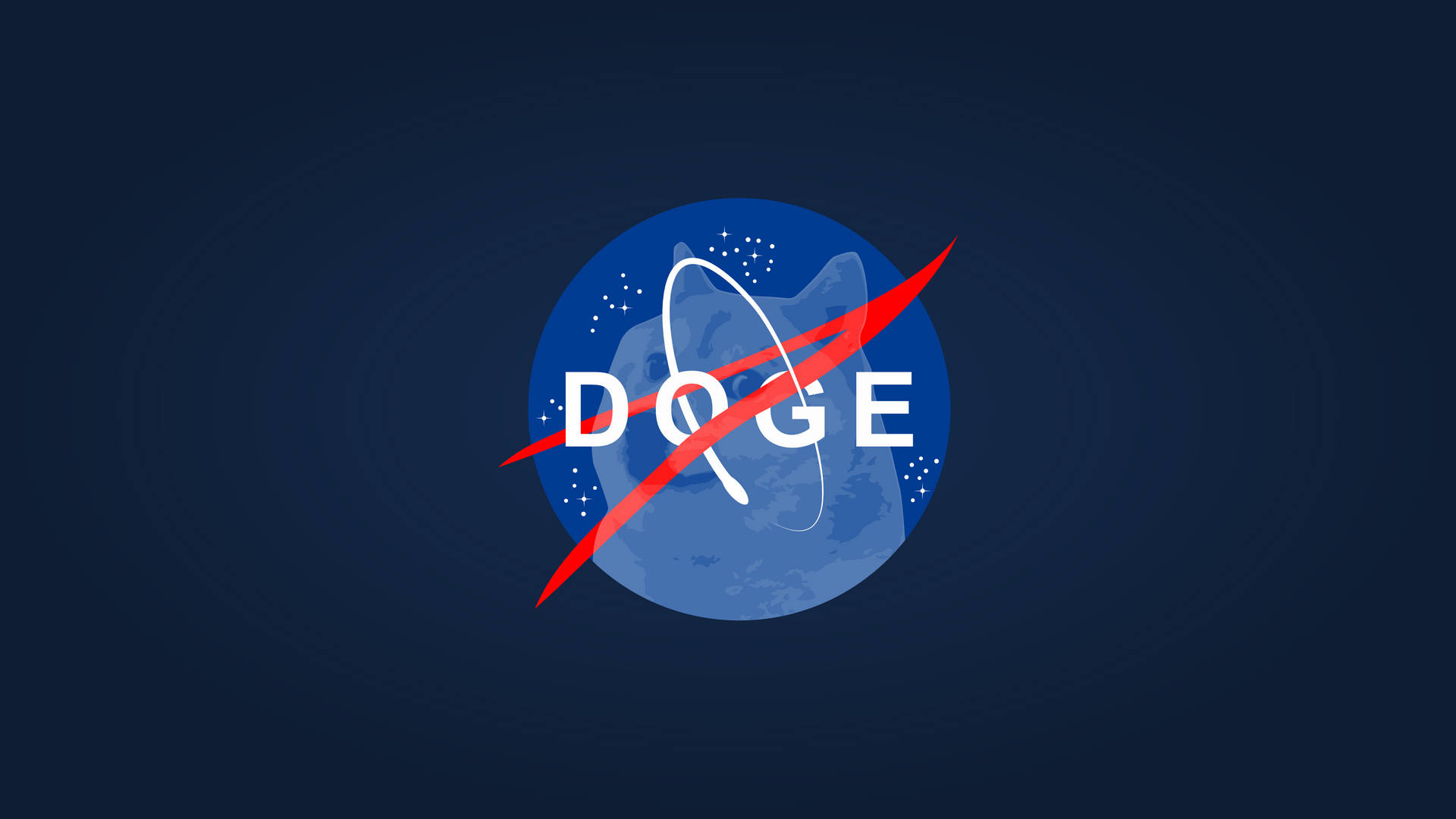 模仿 NASA 的 Doge 標誌，藍色行星和紅色 swoosh，深藍色背景。