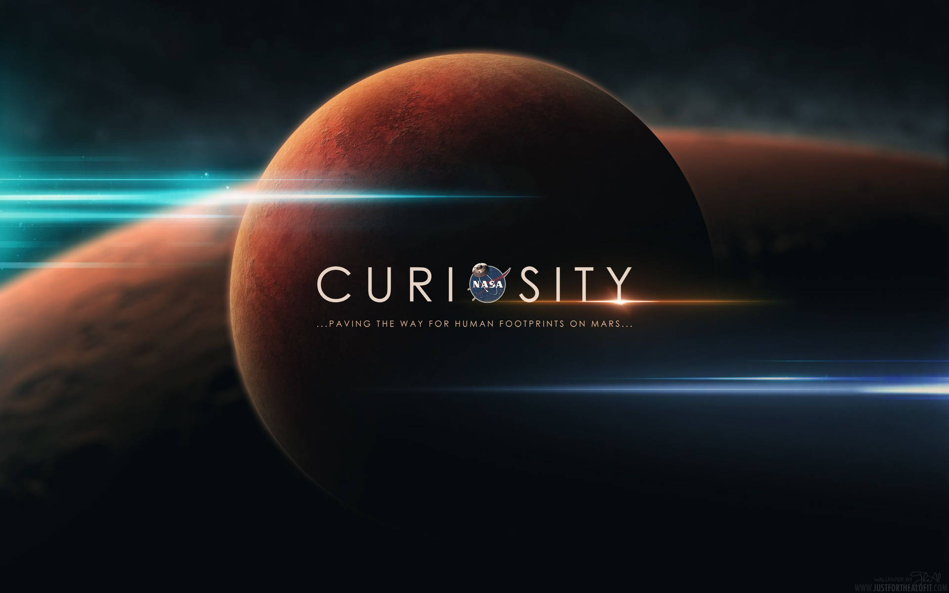 火星行星，帶有Curiosity探測車任務文字在太空中發光。