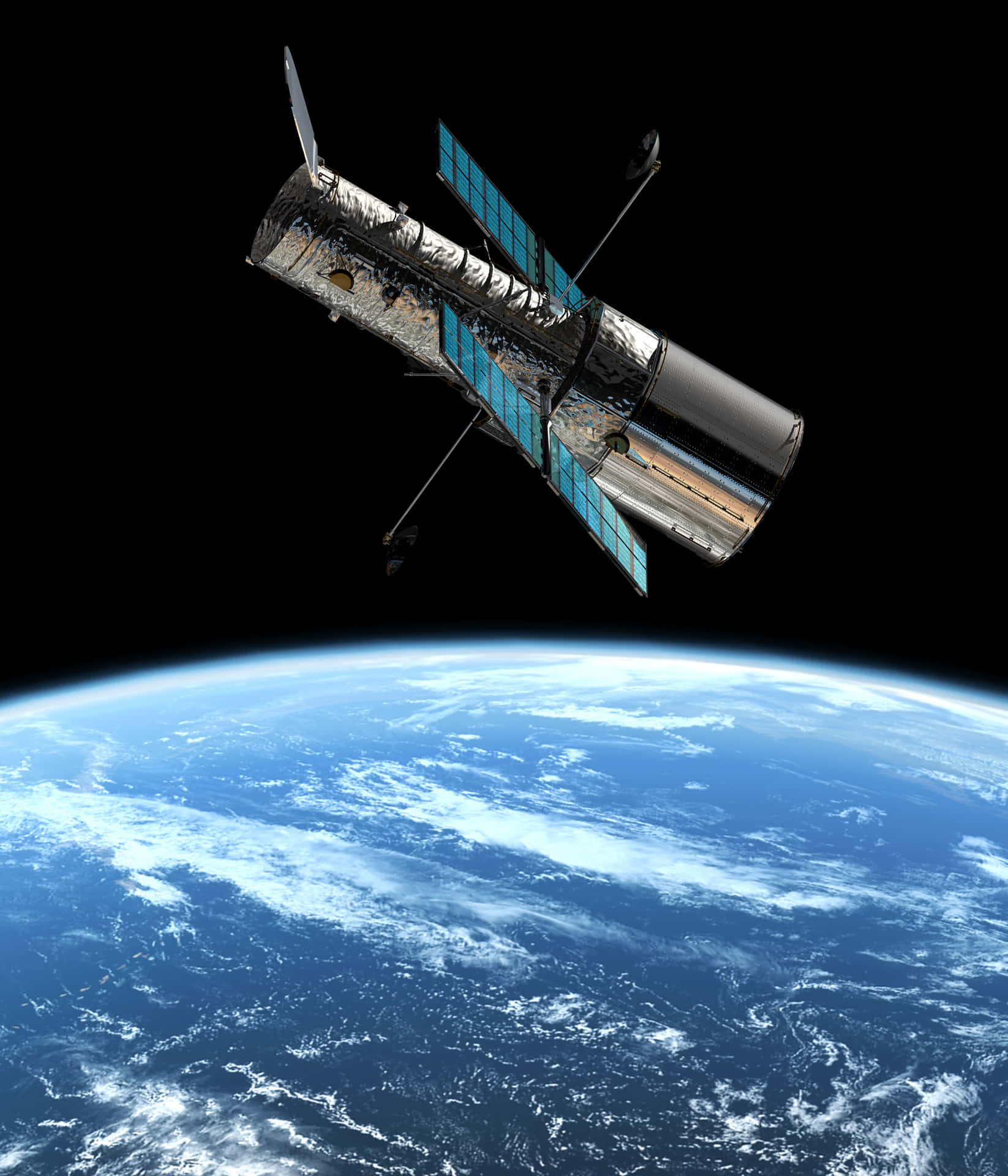 哈勃太空望遠鏡漂浮在地球的藍色海洋和白色雲層之上。