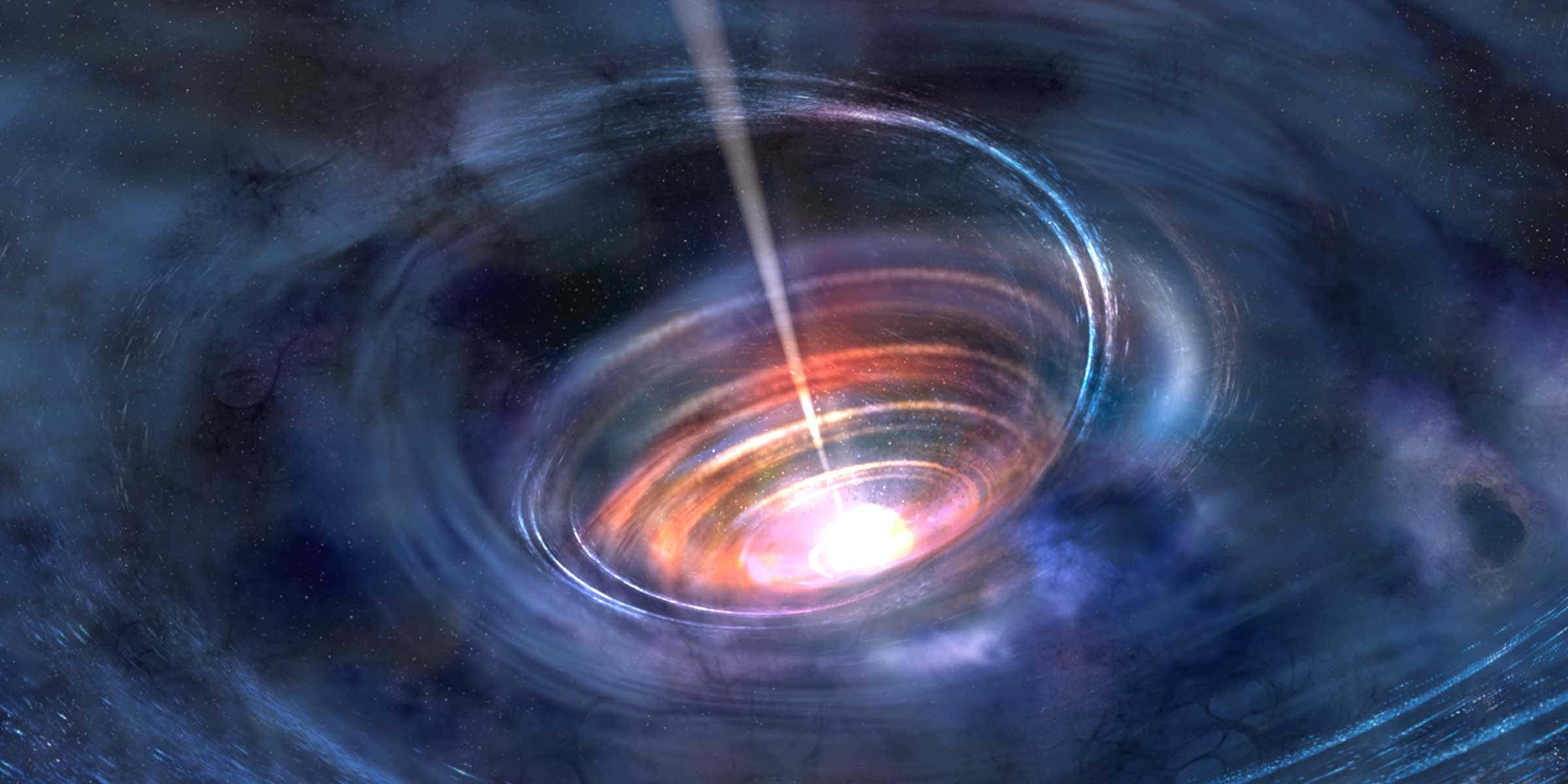 NASA哈勃望遠鏡揭開室女座M87星系超大質量黑洞的壯麗影像 壁紙 — 一個圍繞明亮中心黑洞旋轉的宇宙吸積盤，向星雲發射出強大的光噴流。