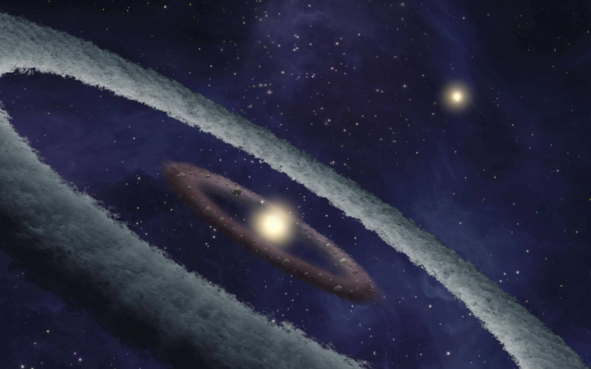 一個發光的宇宙環繞著一顆明亮的恆星，在佈滿星星的星雲中。