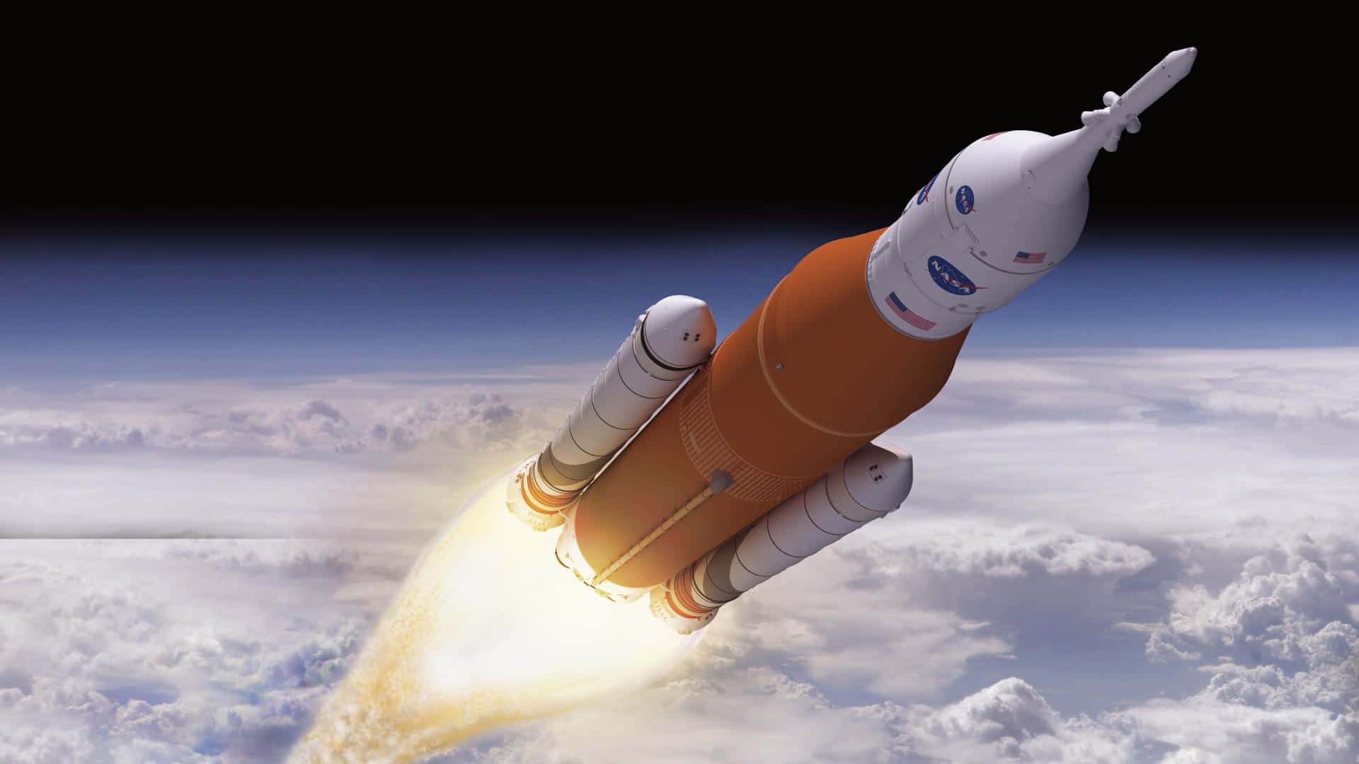 火箭 桌布 壁紙 — NASA太空穿梭機在黑暗的天空背景下，帶著熾熱的廢氣穿過雲層發射升空。