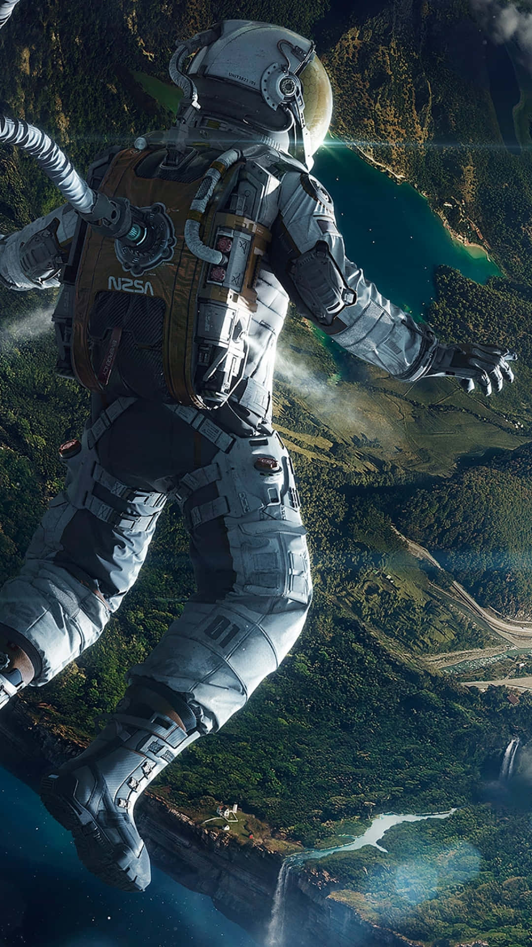 穿著太空衣的太空人漂浮在一個充滿活力的綠色星球上方，有瀑布。