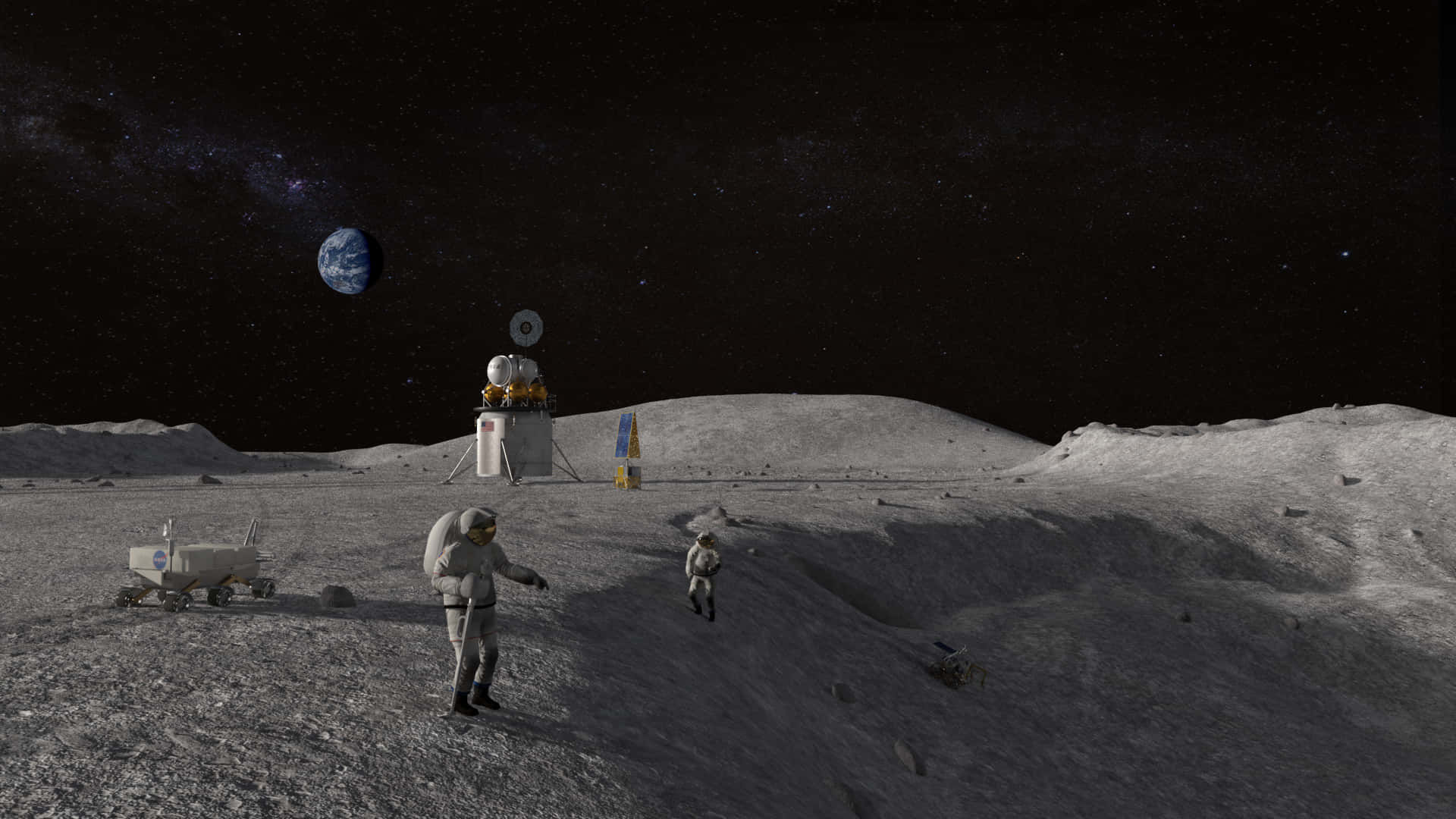 NASA宇航員探勘月球表面圖 壁紙 — 太空人在月球表面探索，地球在星空中的漫遊車和棲息地上方清晰可見。
