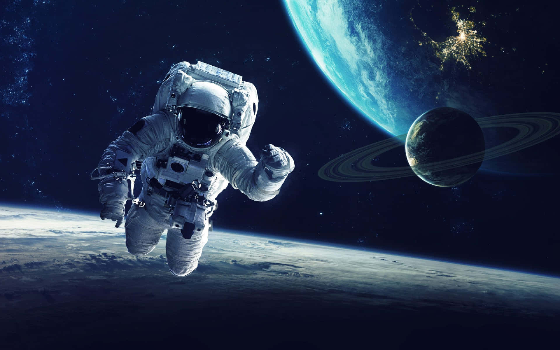 太空人在行星和星星附近漂浮於太空