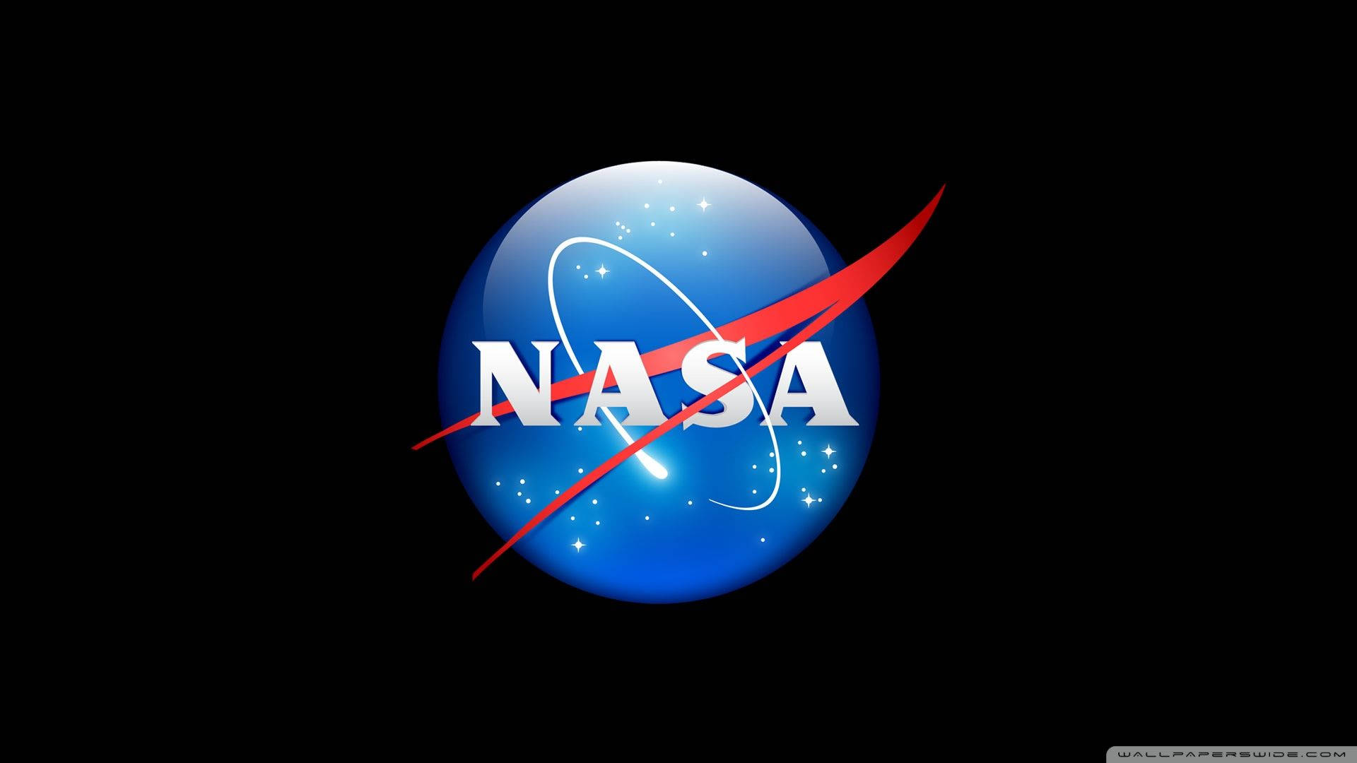 NASA標誌，藍色球體和紅色弧線，黑色星空背景