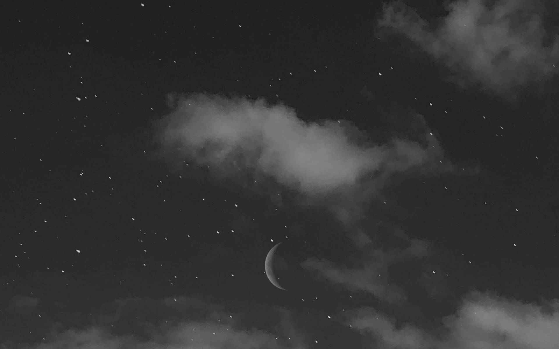 NASA美學半彎月夜空 壁紙 — 單色夜空展現出一彎新月和散落的星星，部分被柔和飄動的雲層遮蓋。