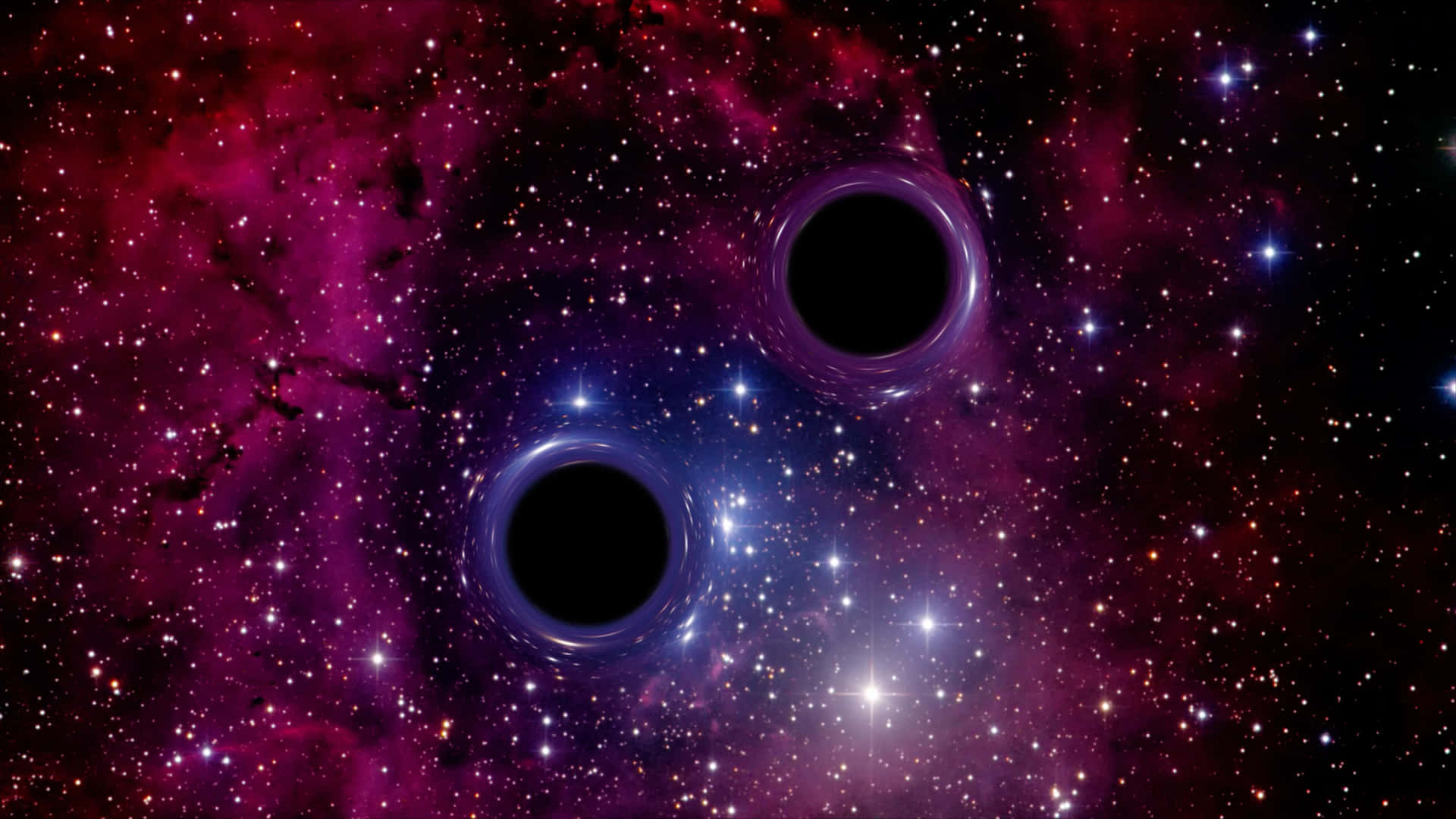 NASA透過哈勃望遠鏡拍攝的黑洞影像 壁紙 — 兩個黑洞在紫色星雲和閃爍星星的鮮豔宇宙背景下互相環繞。