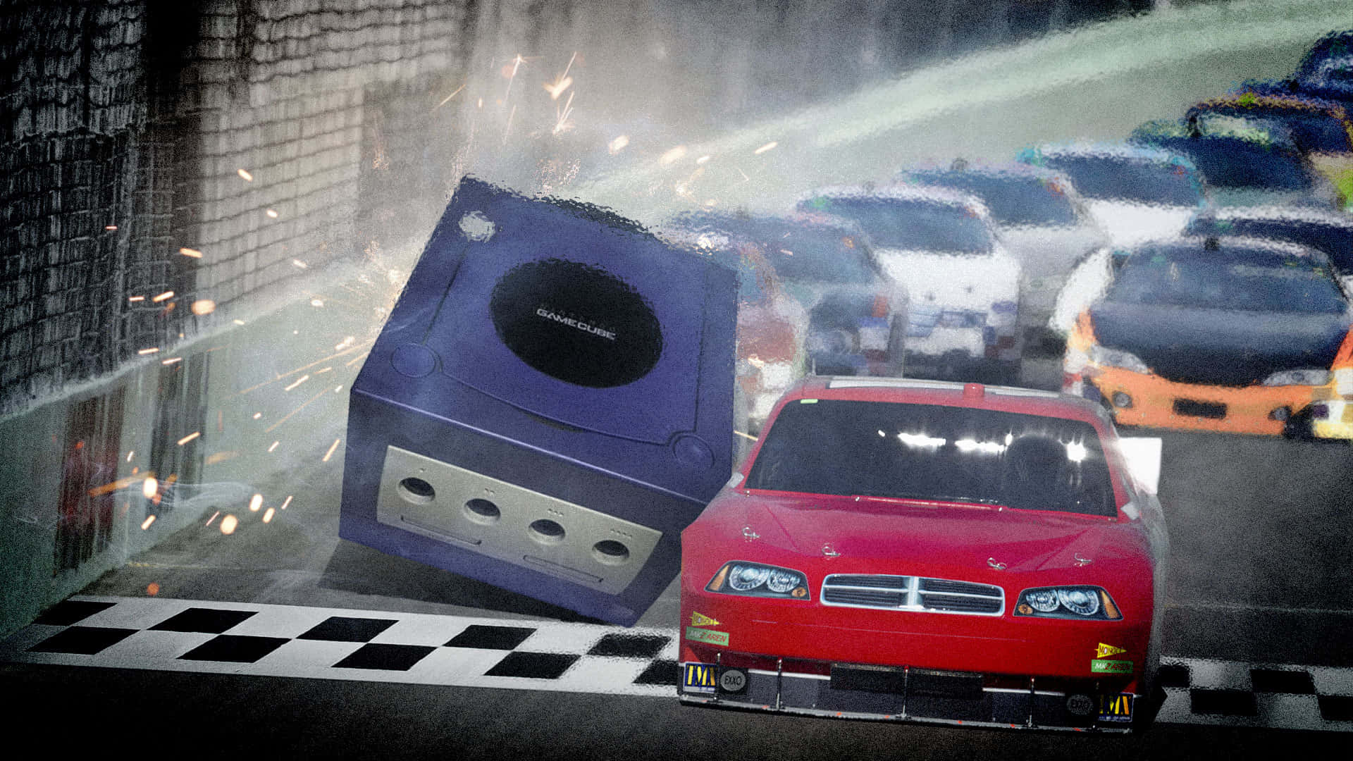 體驗 NASCAR 賽車的刺激 壁紙 — 一部紫色GameCube主機在方格賽道上撞向一輛紅色賽車，火花四濺，其他車輛在背景中模糊不清。