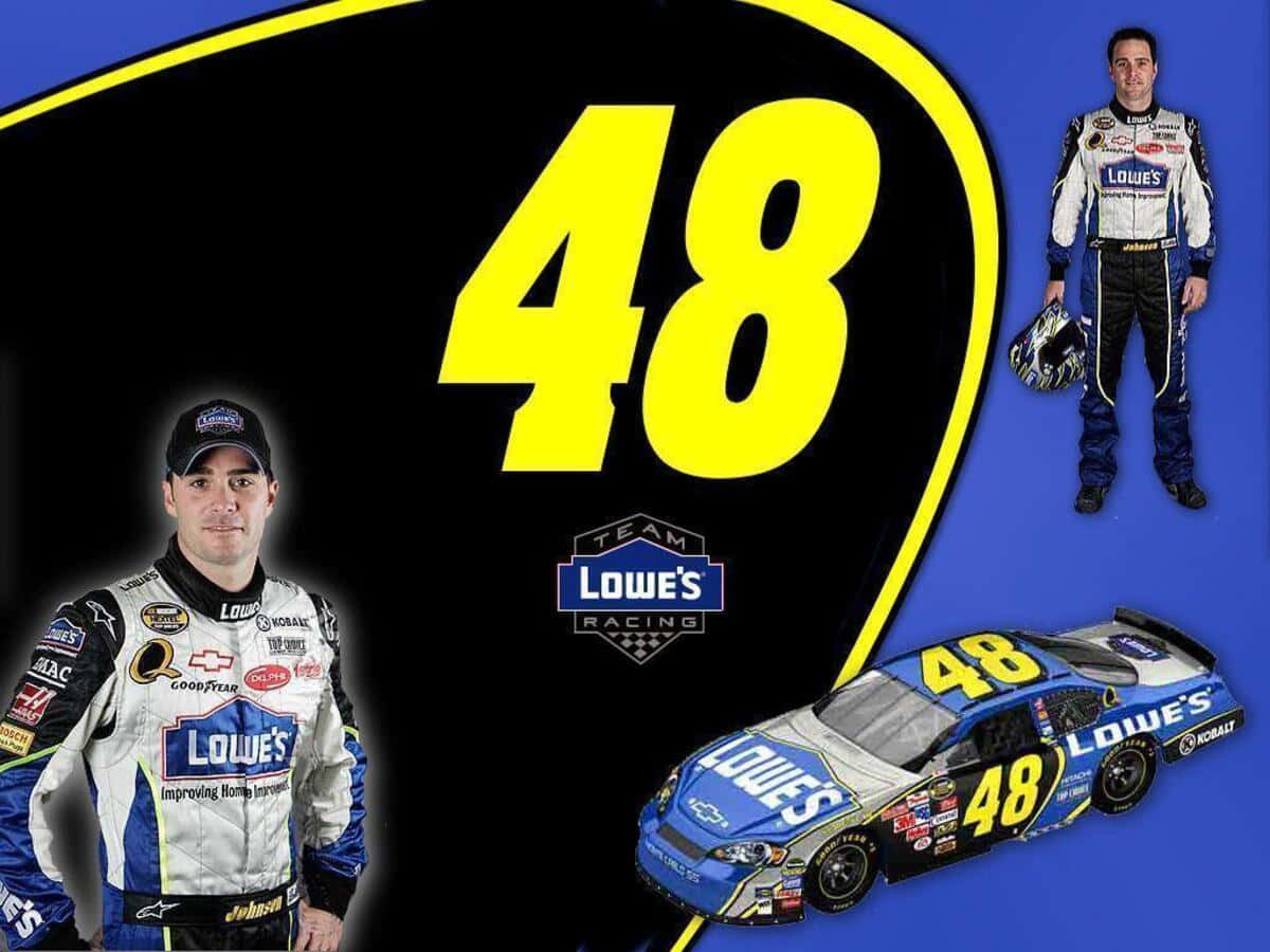 Jimmie Johnson 桌布 壁紙 — NASCAR車手Jimmie Johnson身穿#48 Lowe's賽車服和賽車，背景為大膽的藍色和黑色，帶有大型黃色數字。