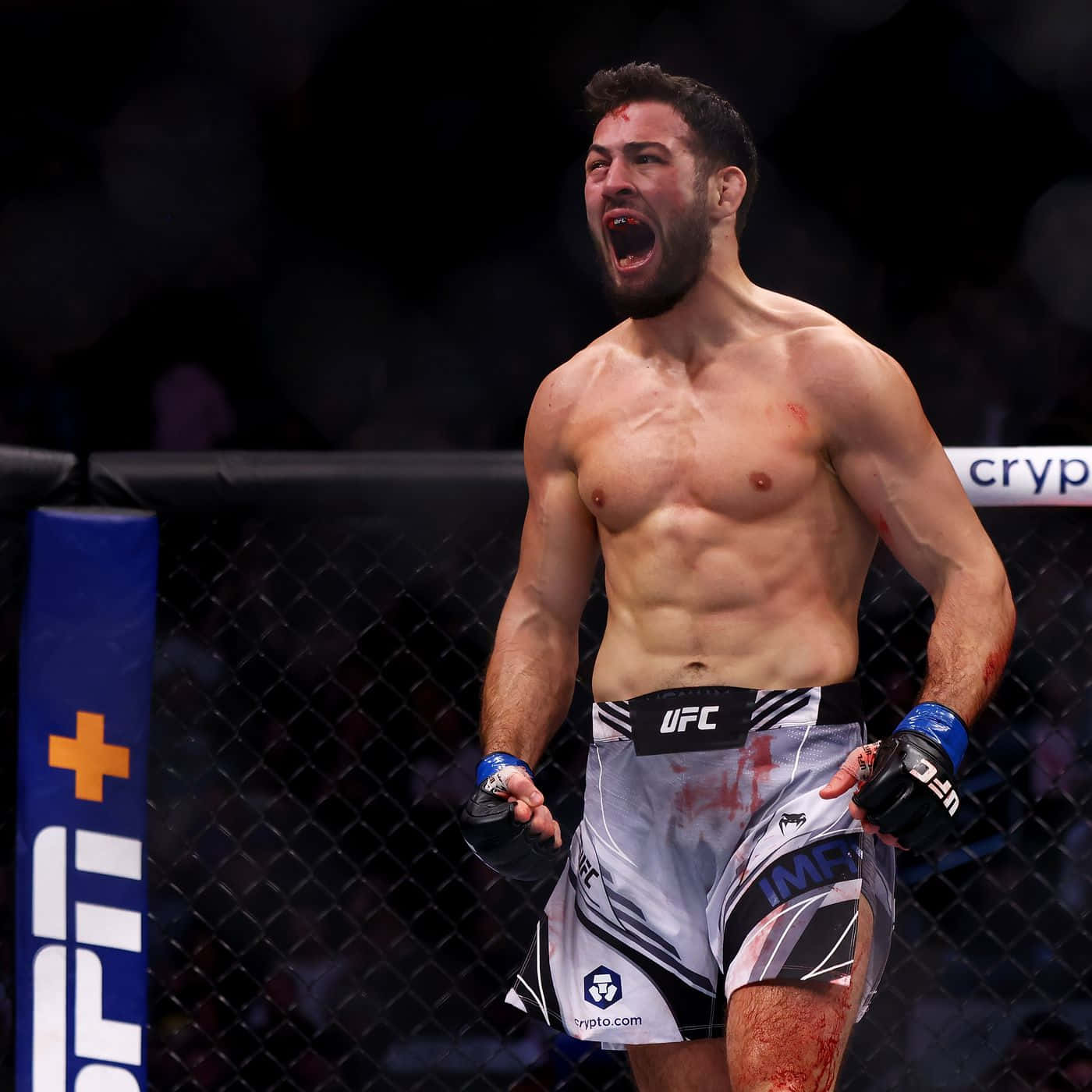 一名勝利的MMA拳手，滿臉鮮血、短褲染血，在八角籠中慶祝。