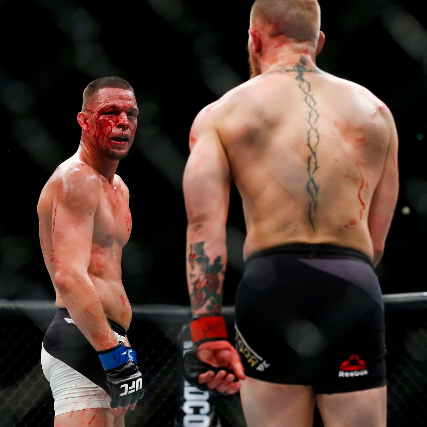 兩名筋疲力竭、渾身是血的MMA拳手在八角籠內對峙。