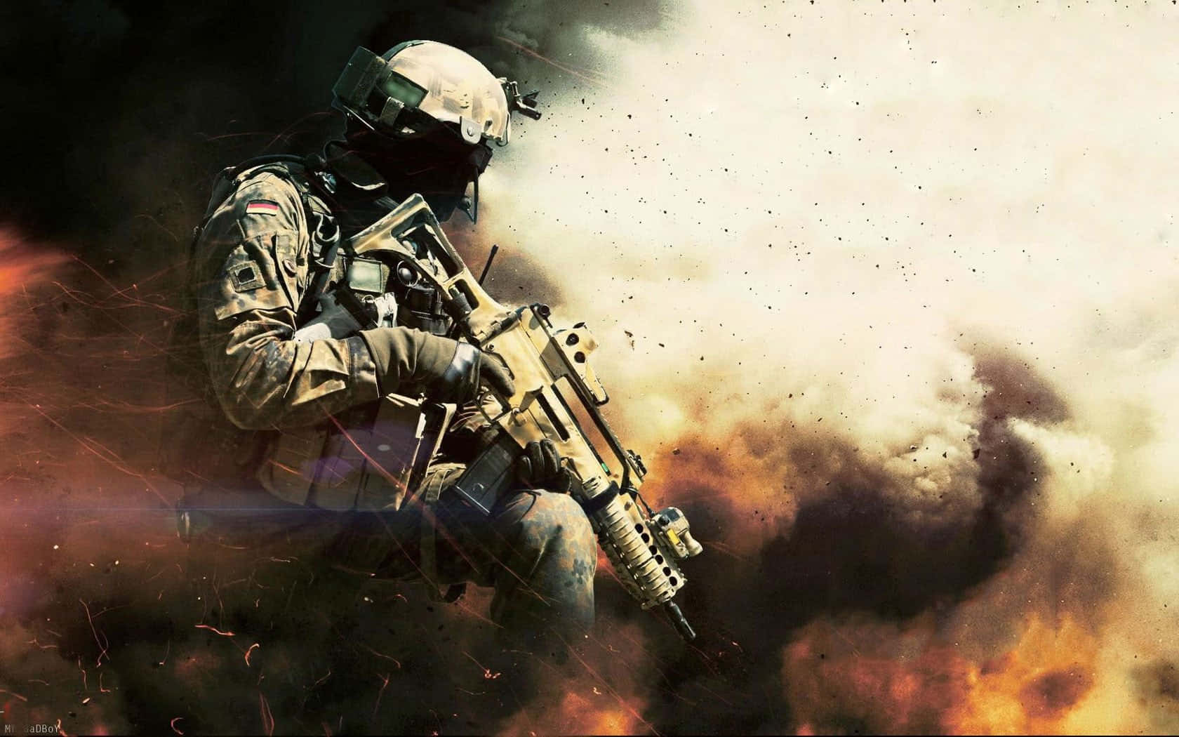 德國士兵NATO圖片 壁紙 — 一名身穿戰術裝備的士兵在混亂的戰場上，於熾熱的爆炸和滾滾濃煙中開火射擊步槍。
