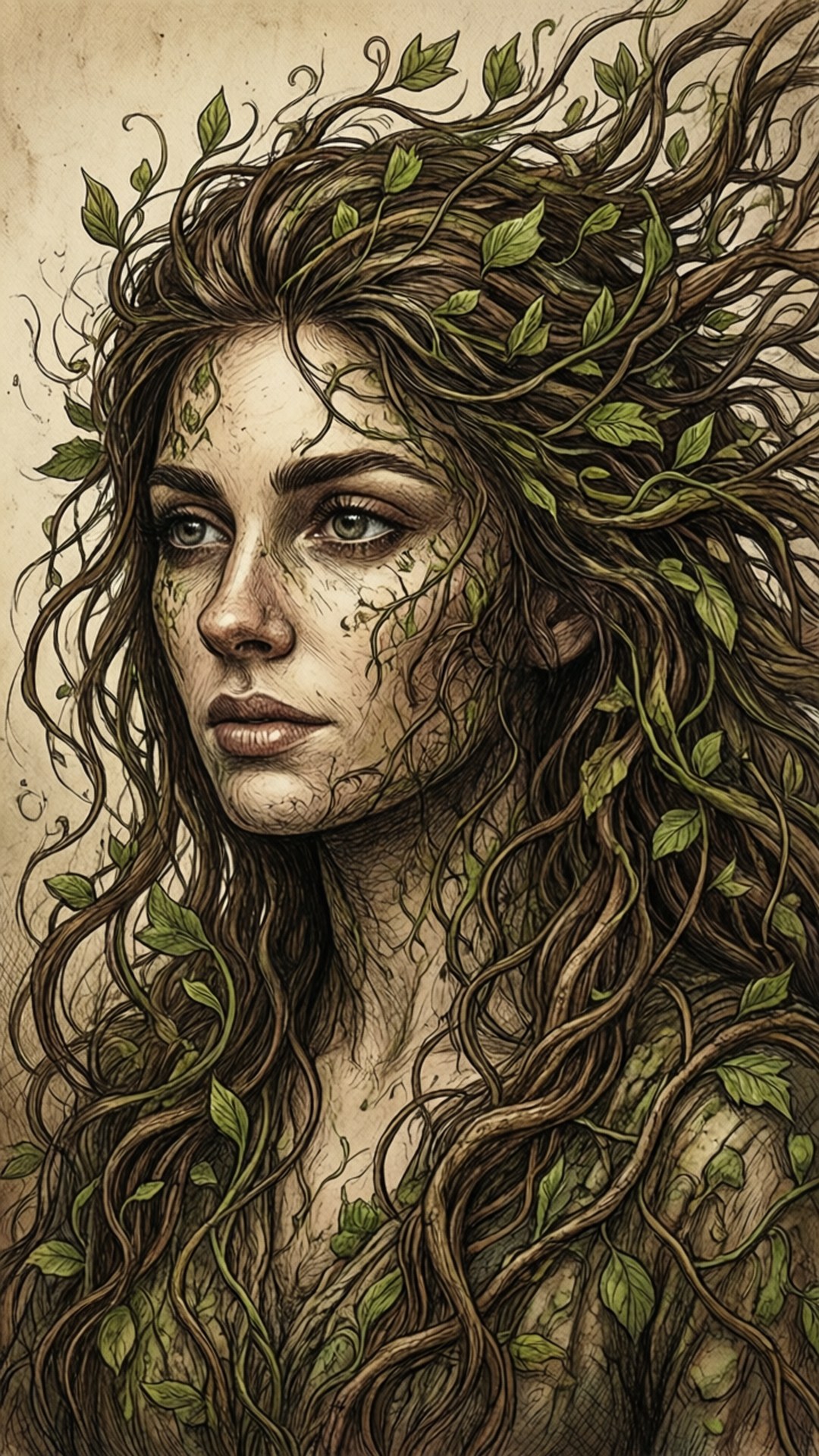 一幅詳細插圖中，一位女性流動的頭髮編織著藤蔓和樹葉。