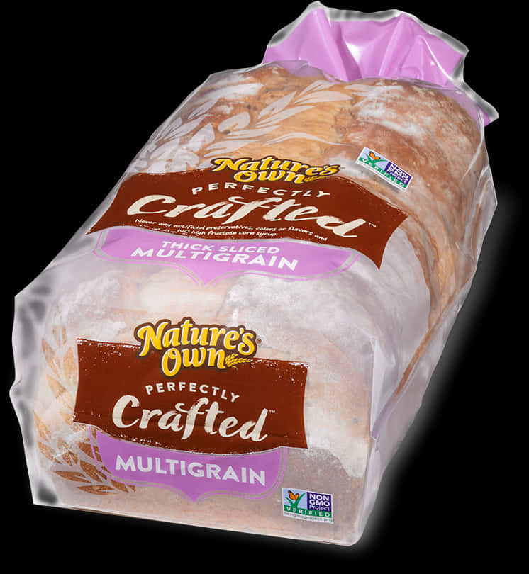 Nature's Own 多穀物厚切麵包 壁紙 — 一條Nature's Own Perfectly Crafted Thick Sliced Multigrain麵包，採用透明塑膠包裝，帶有紫色點綴，背景為黑色。