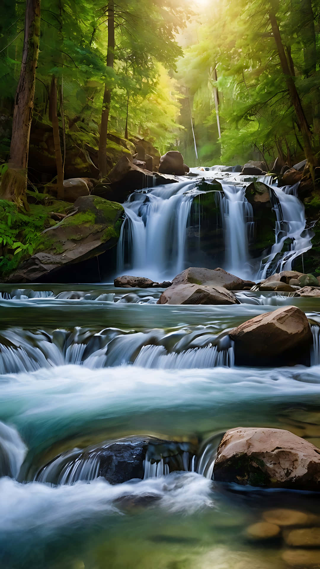 寧靜的森林瀑布在斑駁的陽光下，流過長滿苔蘚的岩石，匯入碧綠色的水池。