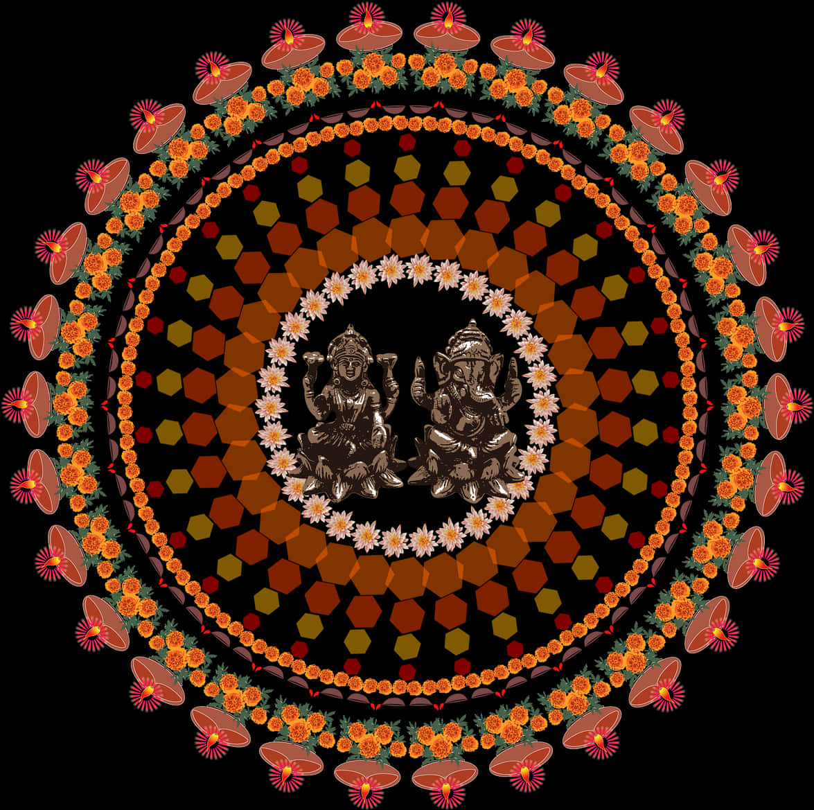 Navratri 節慶 rangoli 設計 壁紙 — 對稱曼陀羅，兩尊坐姿印度教神祇被萬壽菊和蓮花的同心環包圍，背景為黑色。