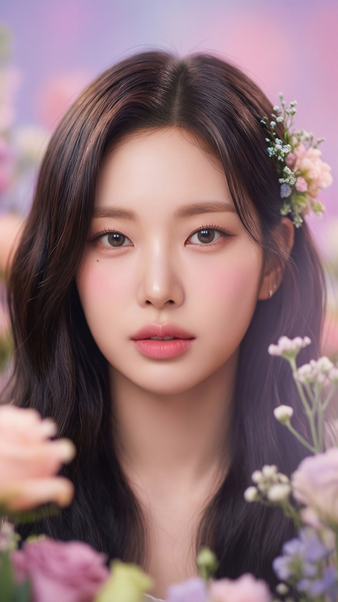 Nayeon 柔美夢幻 壁紙 — 一位黑髮上飾有花朵的年輕女子，在夢幻般的柔和花卉背景下溫柔凝視。