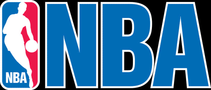 NBA 藍紅標誌 壁紙 — 大膽的藍色NBA標誌，白色籃球運動員運球剪影，背景為紅色。