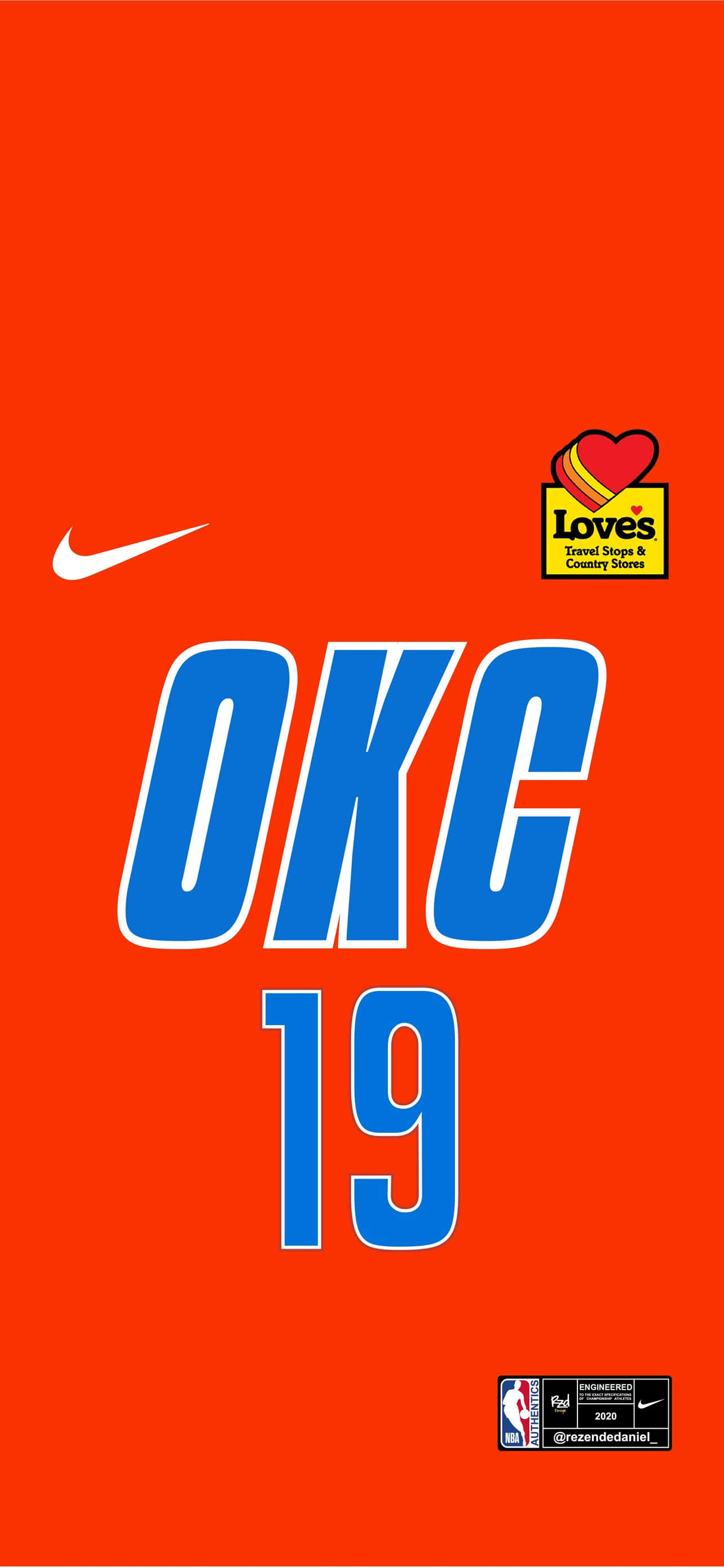 NBA 奧克拉荷馬雷霆隊 19 號球衣 壁紙 — 大膽的藍色OKC 19文字，搭配充滿活力的橙色背景，並帶有Nike勾勾和Loves標誌。