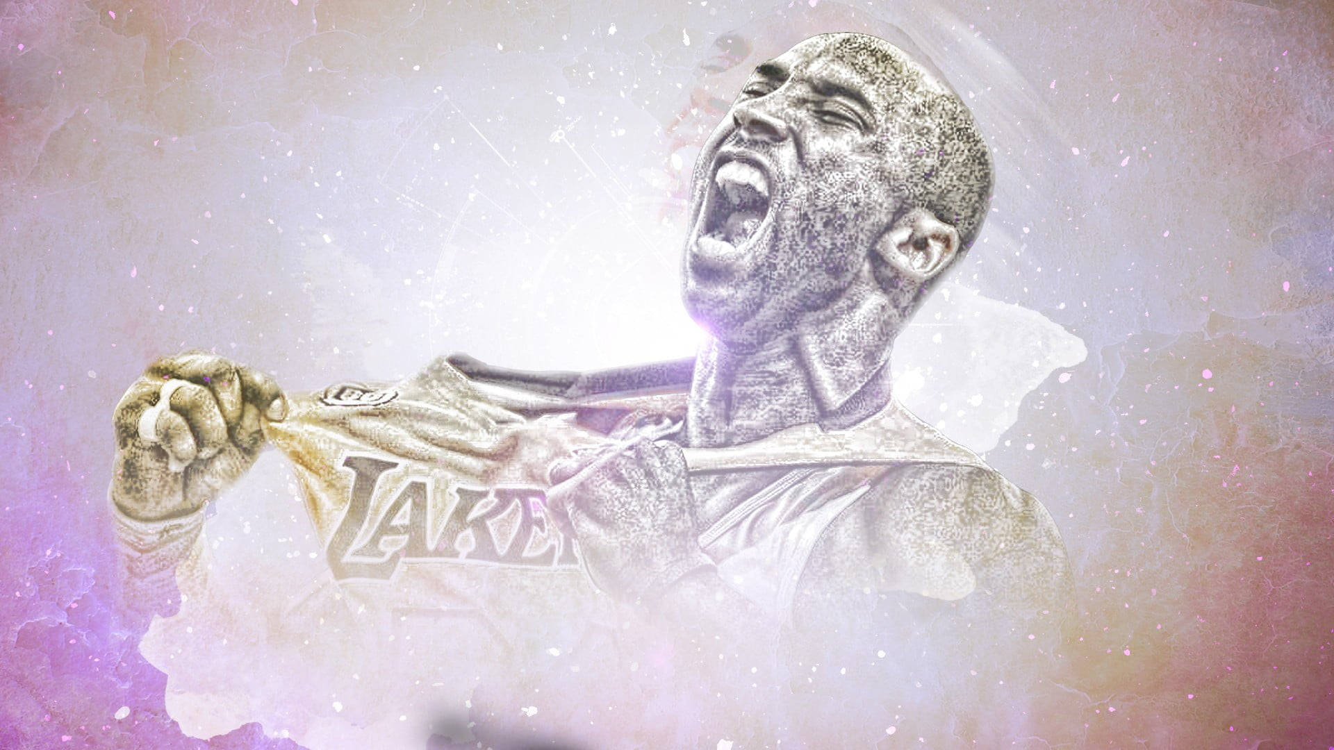 NBA球星科比·布萊恩特吶喊桌面壁紙 壁紙 — 一個風格化的數碼肖像，描繪一位身穿湖人隊球衣的籃球運動員，在夢幻般的紫色和白色宇宙背景下勝利地咆哮。