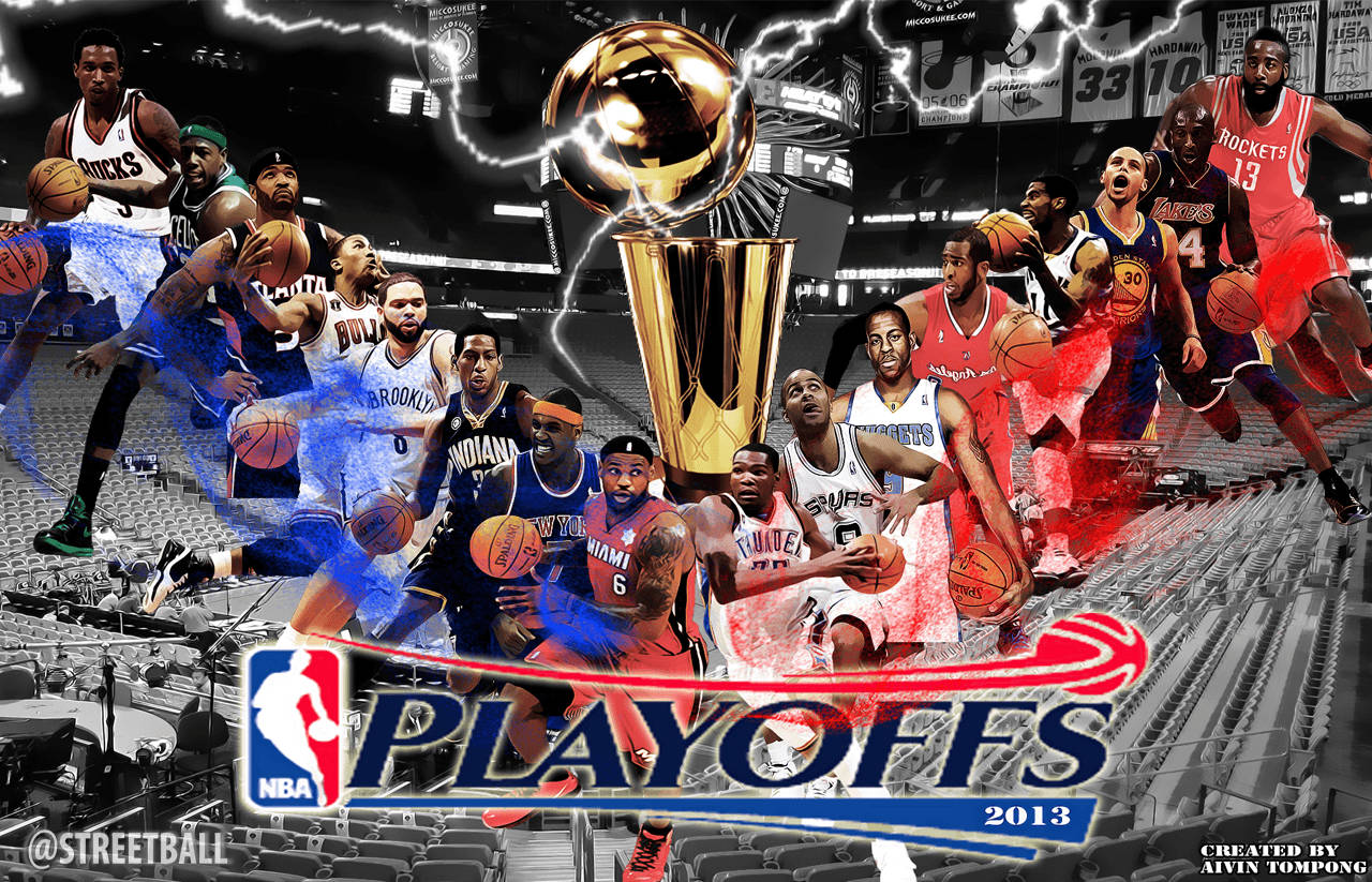 酷炫NBA 2013季後賽 壁紙 — NBA 球員在發光的冠軍獎盃周圍動態拼貼，帶有電光效果。