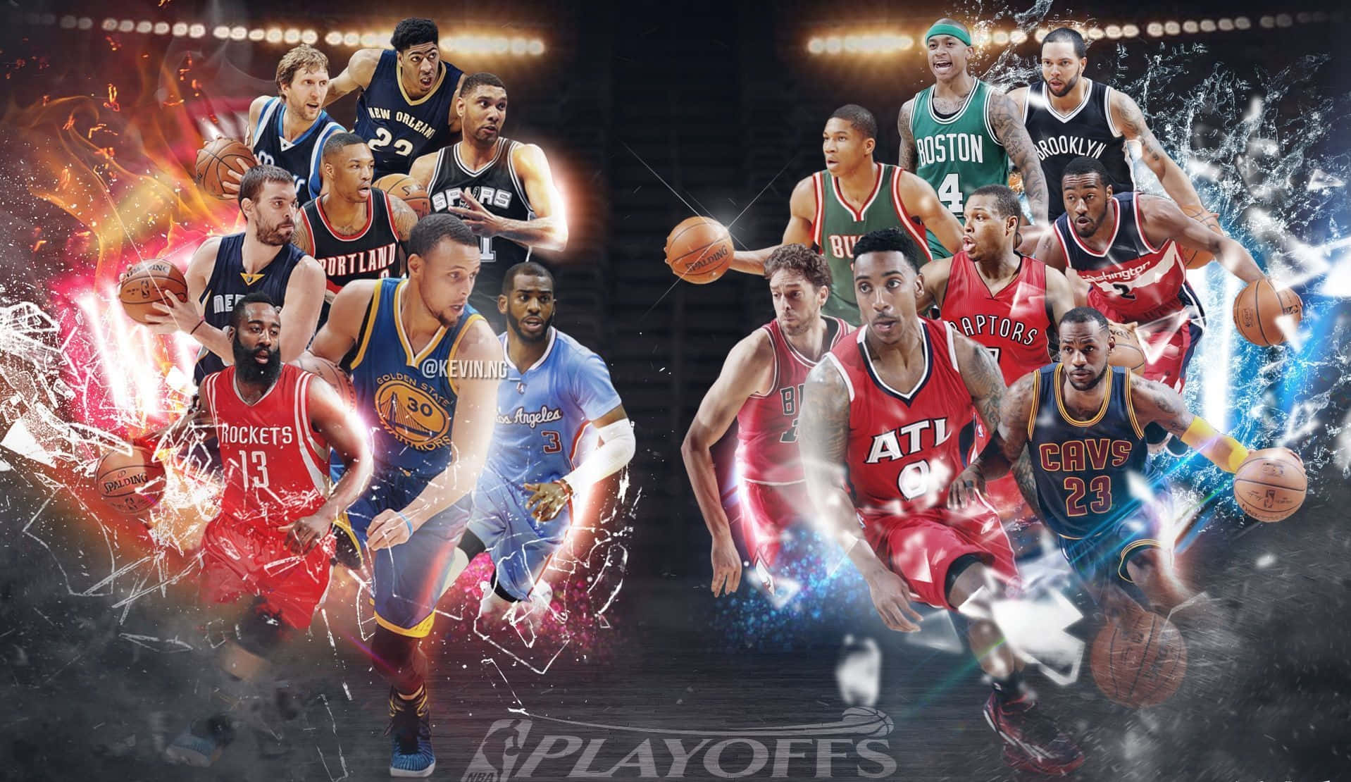 NBA 2020總決賽籃球數位藝術背景 壁紙 — NBA球員動態拼貼，呈現動作姿勢，周圍環繞著火熱與冰冷能量效果。