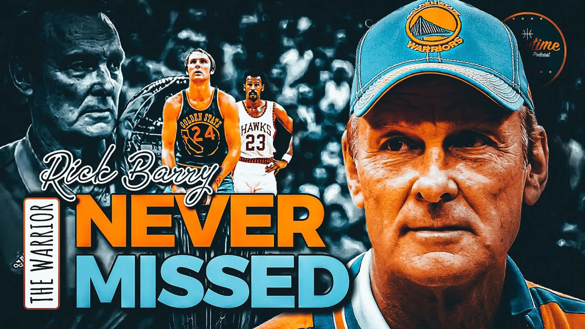 NBA 2K《The Warrior Never Missed》瑞克·巴里海報 壁紙 — 一幅大膽的圖像拼貼，向籃球傳奇人物 Rick Barry 致敬，包含他的肖像、比賽動作鏡頭，以及以鮮豔橙色和藍色文字呈現的「NEVER MISSED」字句。