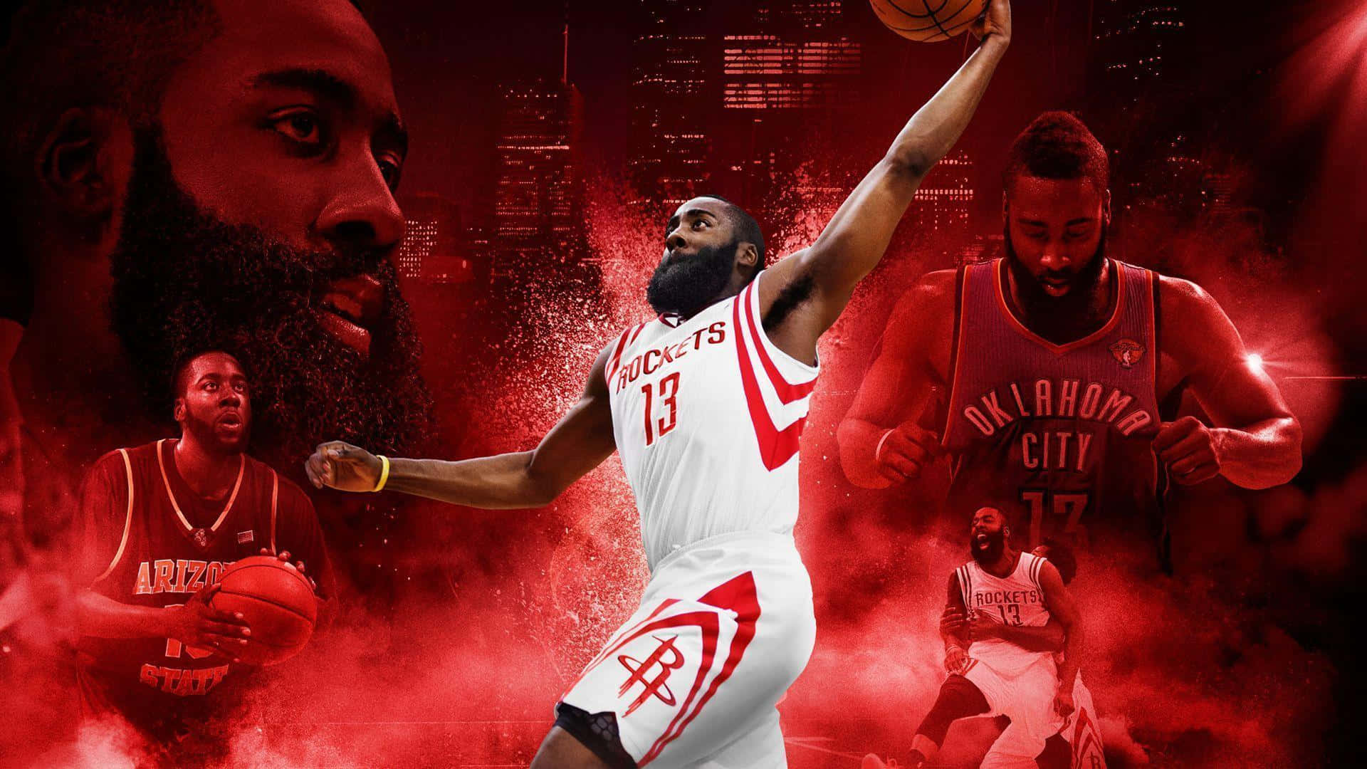 NBA 2K 詹姆斯·哈登藝術畫 壁紙 — 一位身穿白色火箭隊球衣的動感籃球運動員，在熾熱的紅色背景下，與他過去的多個自我一起跳起投籃。