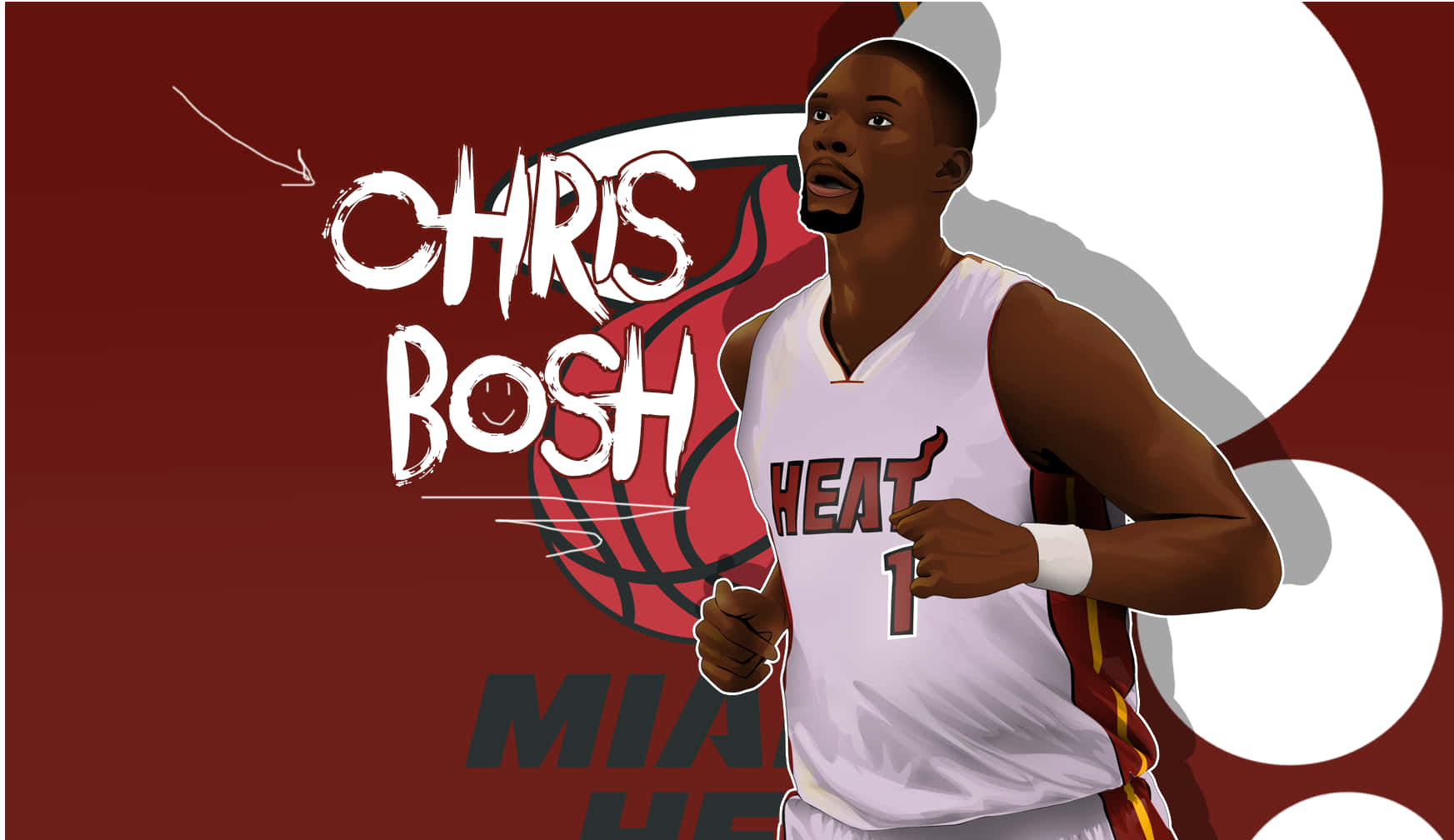 NBA 2k14 克里斯·波什賽事數位臉部模型 壁紙 — 插圖籃球運動員Chris Bosh身穿白色邁阿密熱火球衣，背景為大膽的紅白圖形。