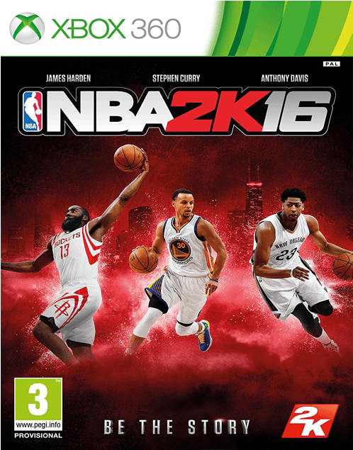 NBA 2K16 Xbox 360封面 壁紙 — NBA 2K16遊戲封面上，三名NBA球員以動態姿勢站在紅色煙霧背景前。