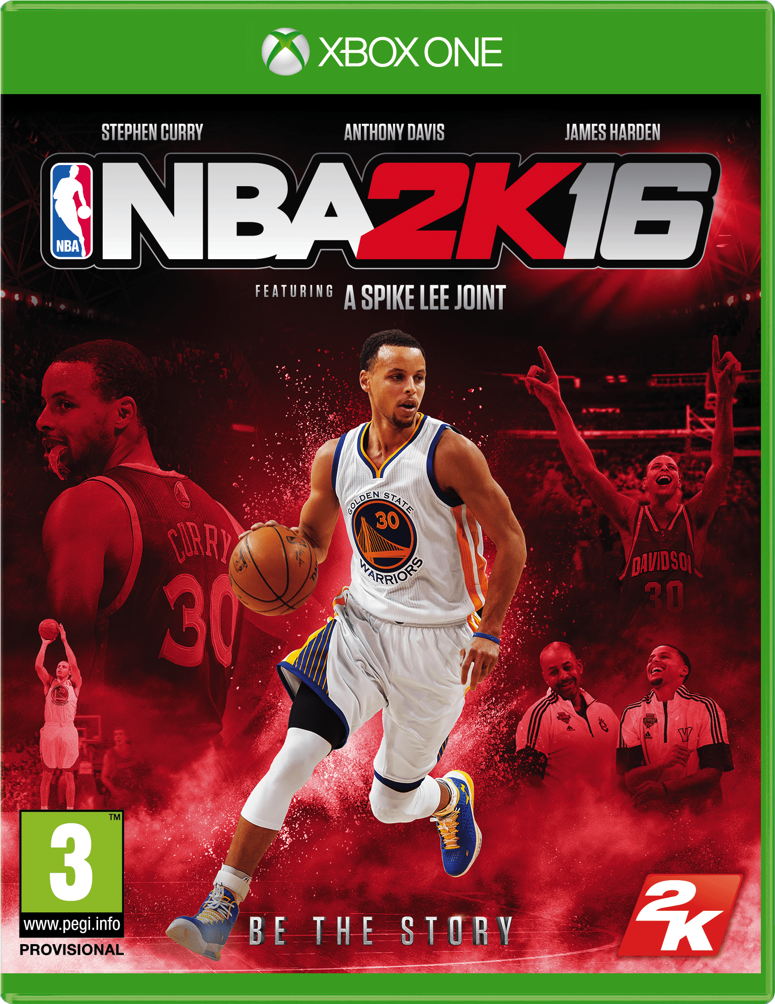 NBA 2K16 史蒂芬·柯瑞 Xbox One 封面 壁紙 — 一個動態的NBA 2K16遊戲封面，以史提芬·居里在紅色粒子填充的球場背景下運球，並有隊友和標語be the story。