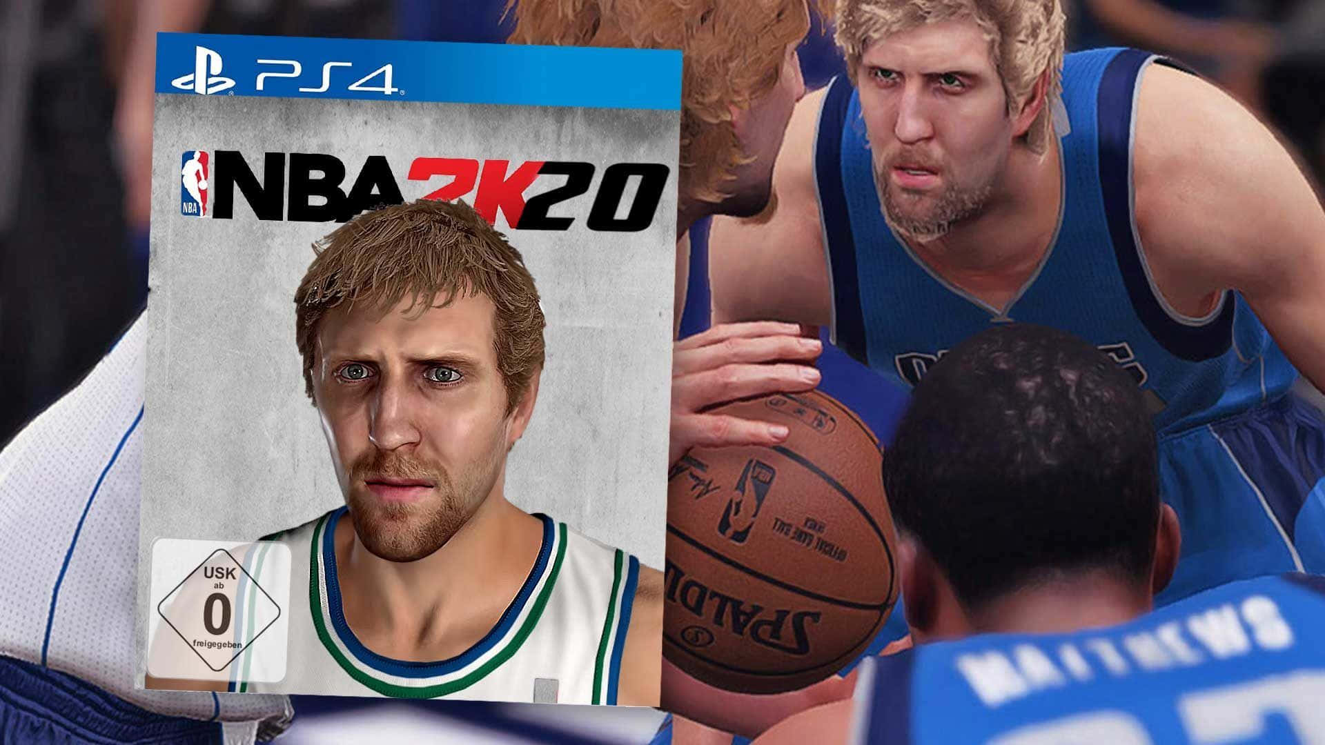 NBA 2k20 桌布 壁紙 — NBA 2K20 PS4 遊戲封面，展示一名籃球運動員，以及球員爭奪籃球的遊戲場景特寫。
