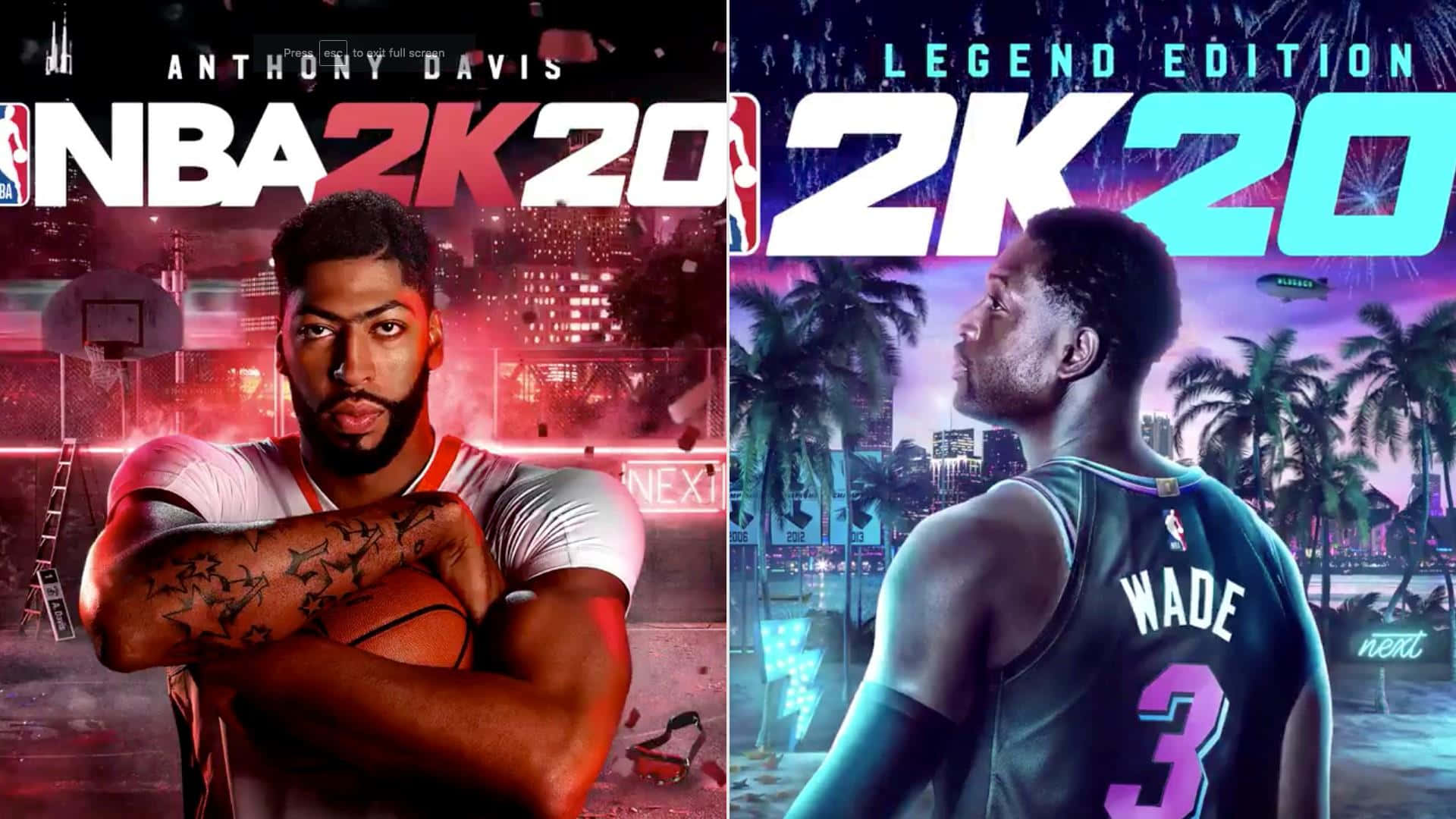 NBA 2K20電子遊戲封面， featuring 安東尼·戴維斯和德維恩·韋德在城市環境中。